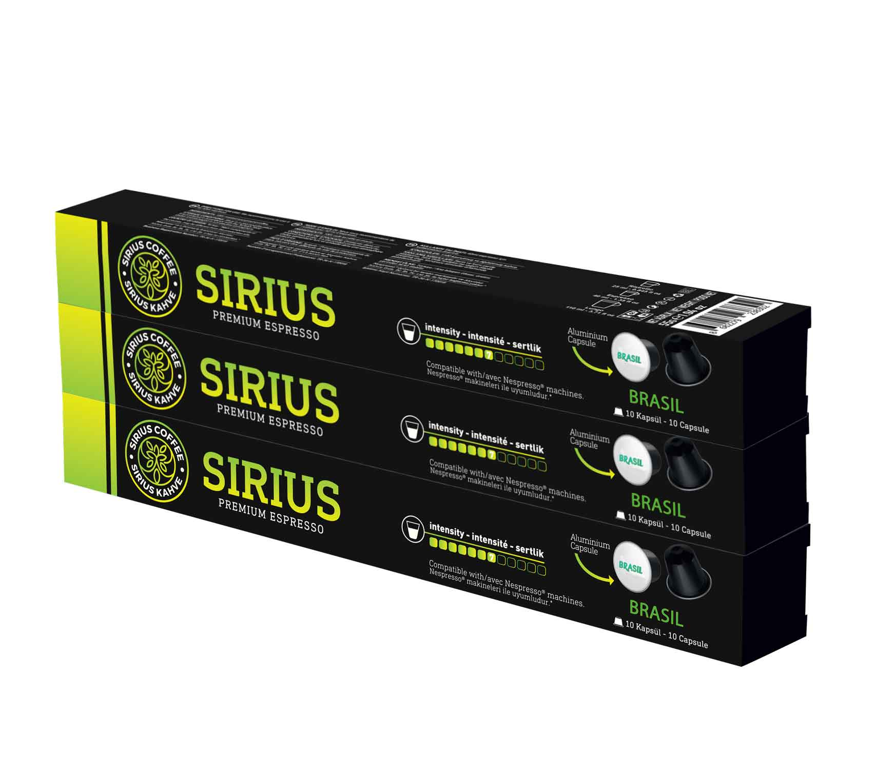 Üç kutu Sirius Premium Espresso kahve kapsülü, üst üste. Yeşil ve siyah renk düzeni.