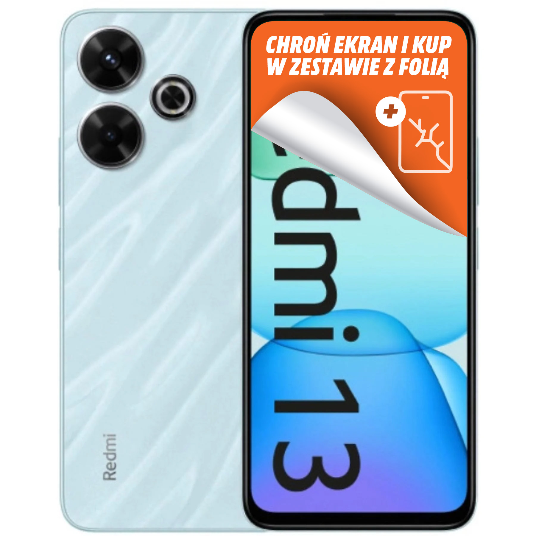 Jasnoniebieski telefon Redmi z folią ochronną na ekran. Ma trzy tylne aparaty. Tekst po polsku.