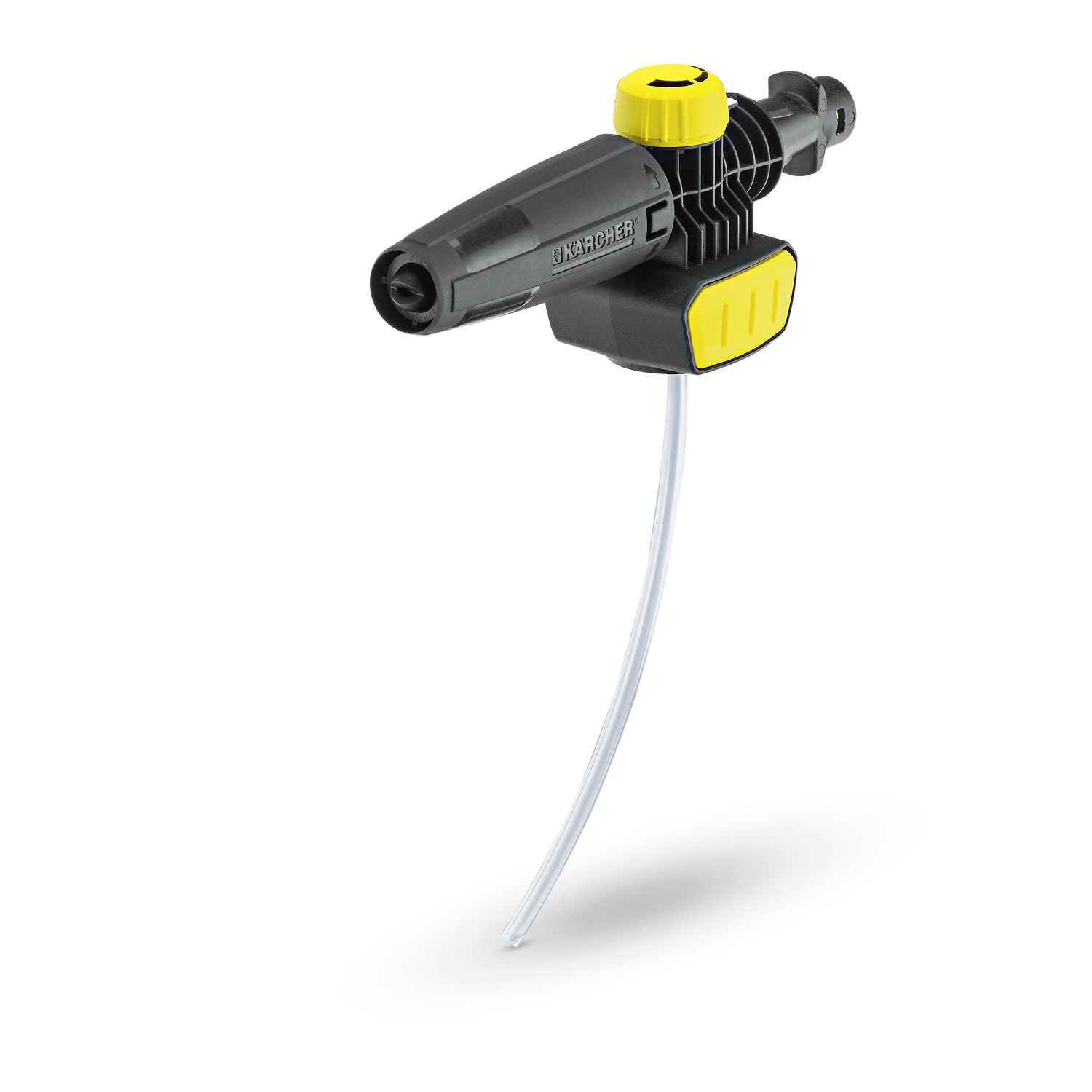 Black and yellow Kärcher pressure washer attachment on a white backdrop.