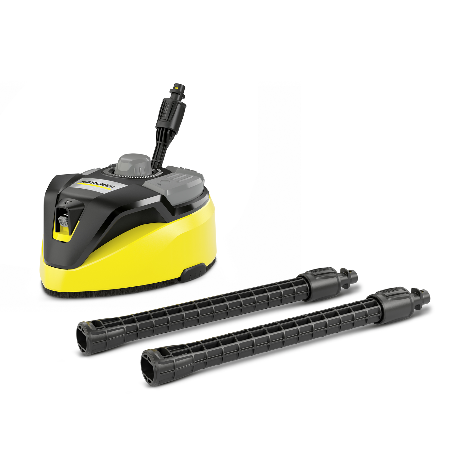 Yellow and black cleaning device with two black extensions on a white surface.