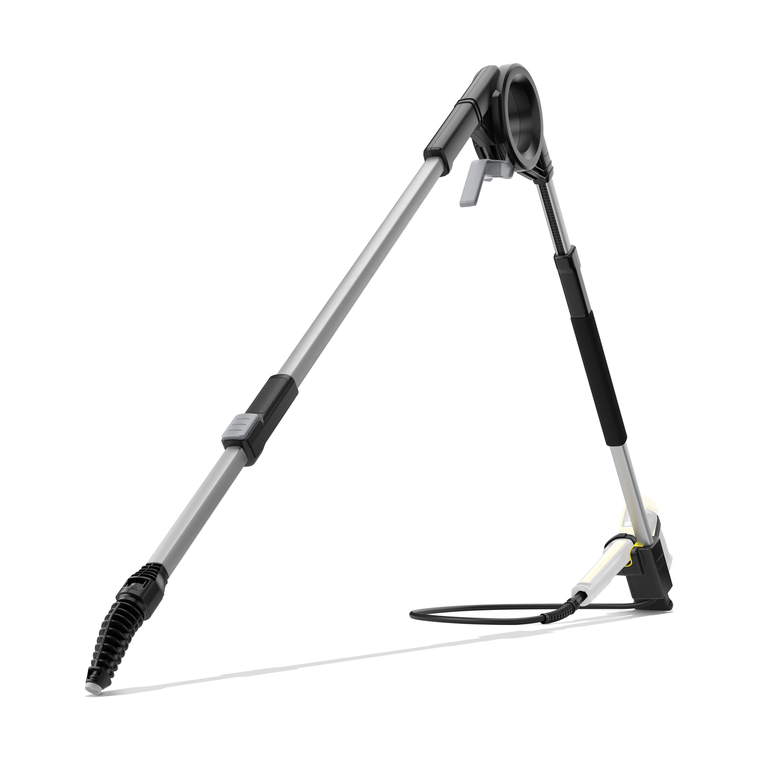 A silver and black cleaning tool, with a long arm and circular brush head.