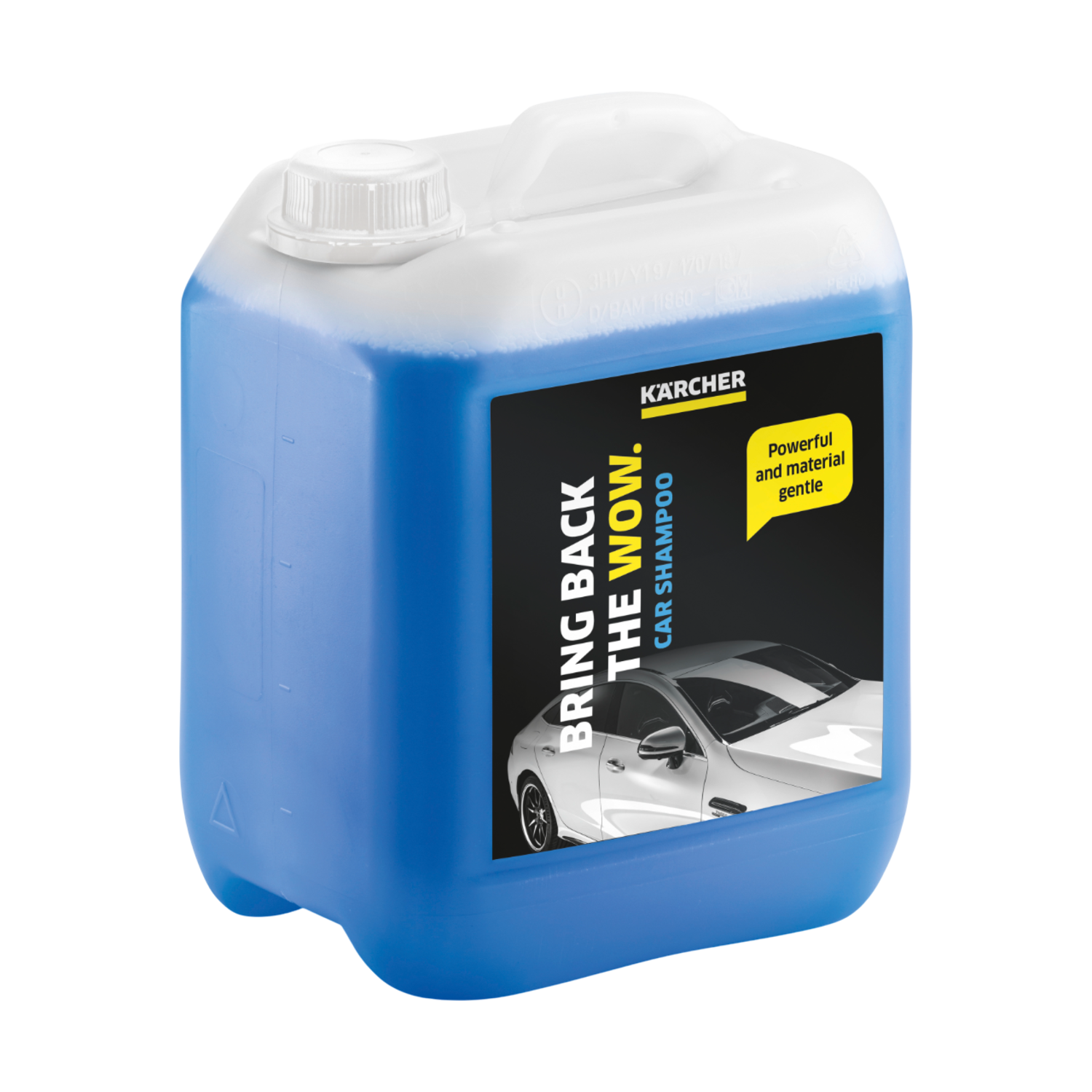 Autoshampoo container. Blauwe vloeistof binnenin. Zwart en geel label met auto-afbeelding en tekst.