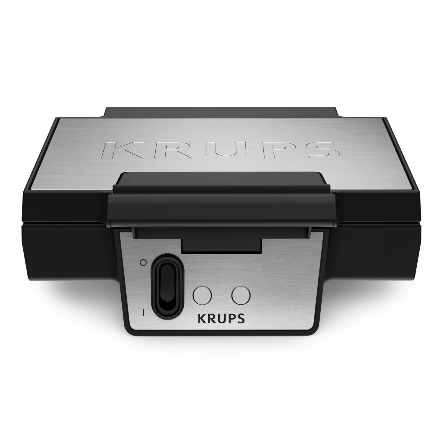 A black and silver Krups waffle maker, top view with the brand name visible.