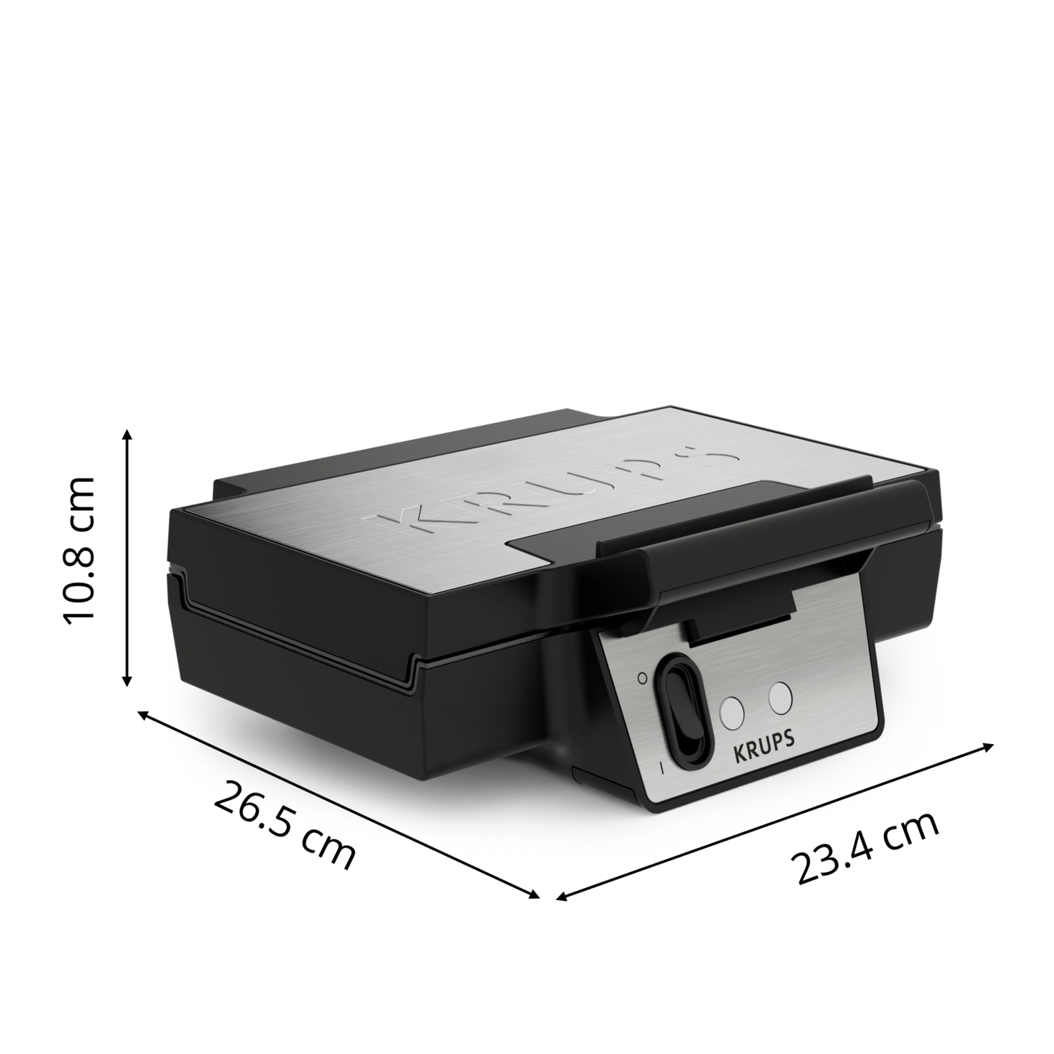 A black and silver waffle maker with dimensions and measurements labeled on the side.