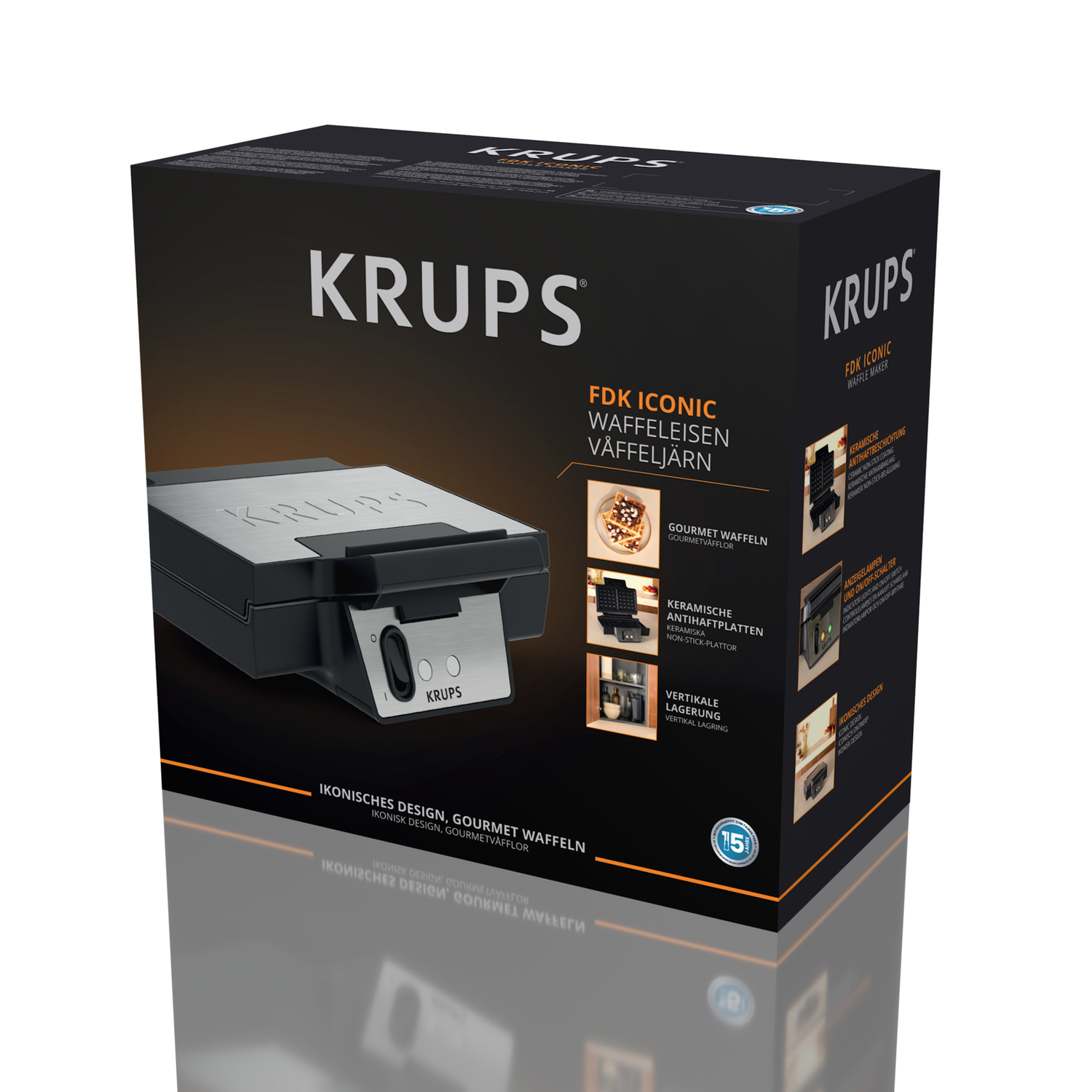 A Krups waffle maker box. Box shows a waffle maker and has text and images describing the product.
