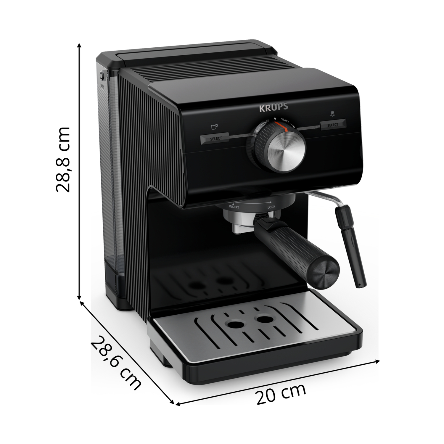 Zwarte KRUPS espressomachine. Afmetingen: 28,8 cm hoog, 28,6 cm breed, 20 cm diep. Zilveren draaiknop en bakje.