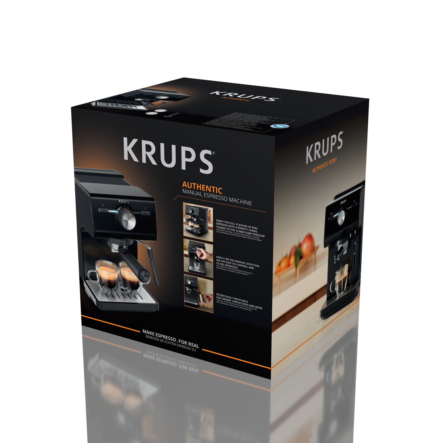 Zwarte en zwarte doos met KRUPS-logo. De doos staat op een reflecterend oppervlak.