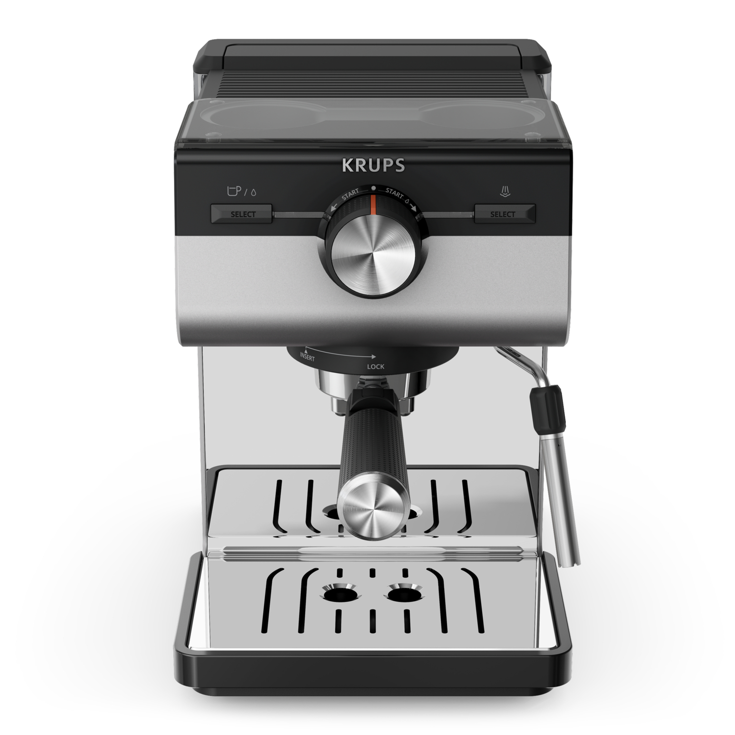 Een zilverzwarte Krups espressomachine op een witte achtergrond.