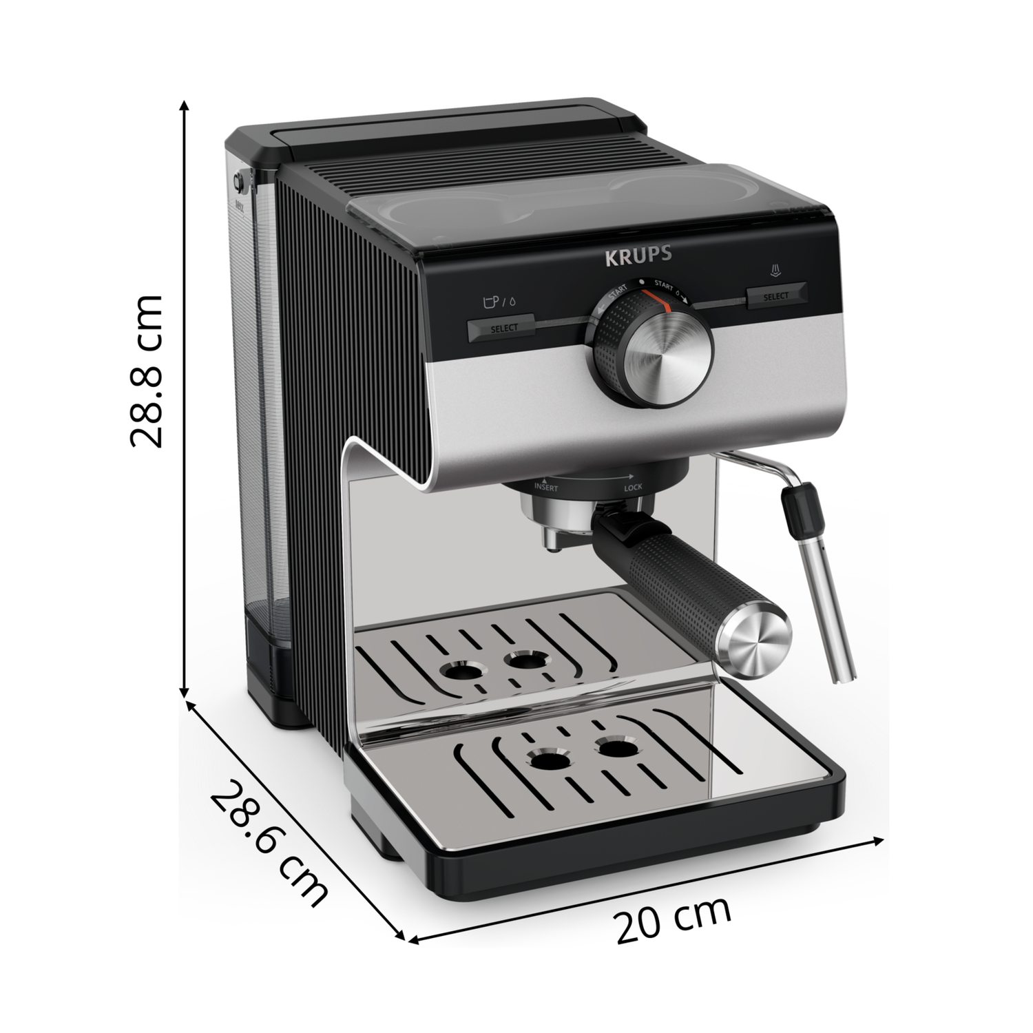 Zilverzwarte espressomachine met afmetingen en een chromen uitloop.