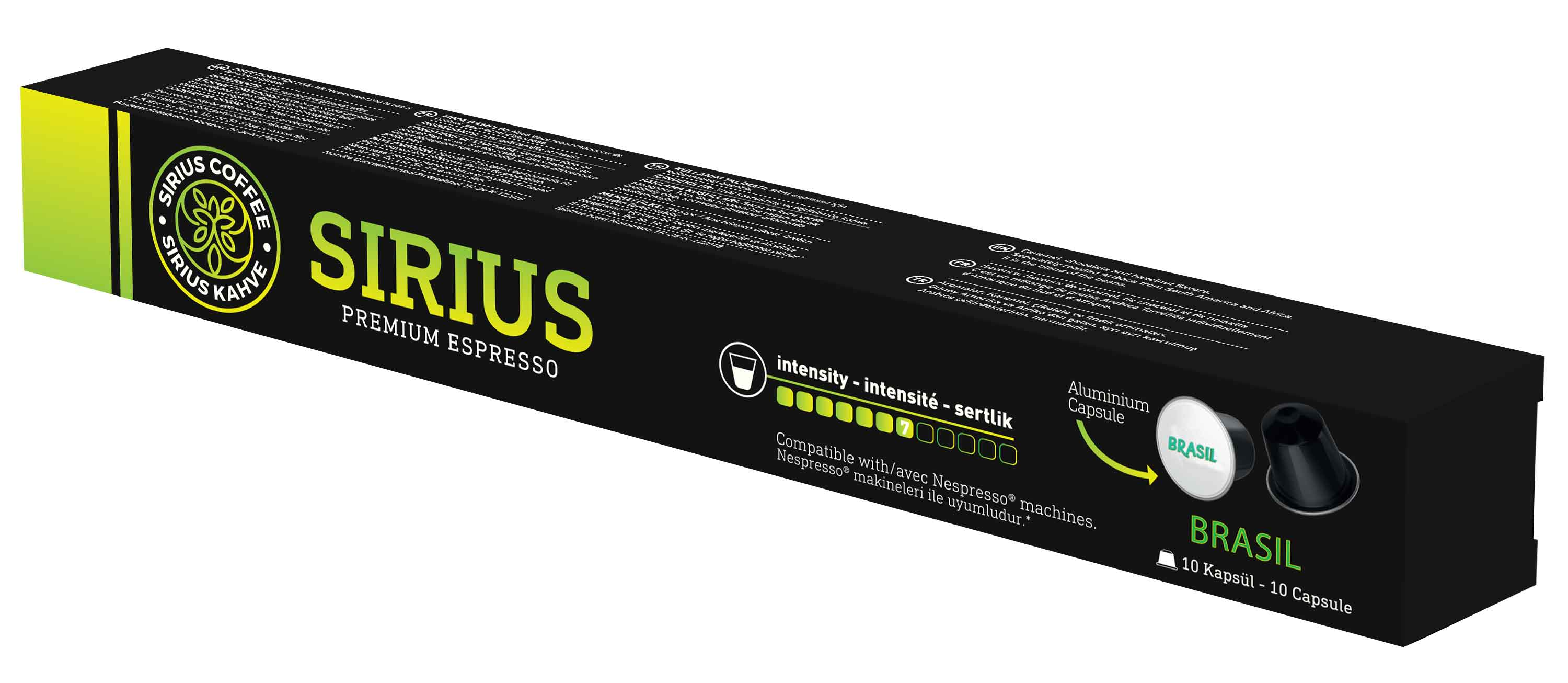 Siyah, yeşil ve sarı vurgulu, 'Sirius Coffee' etiketli bir kahve kapsülü kutusu.