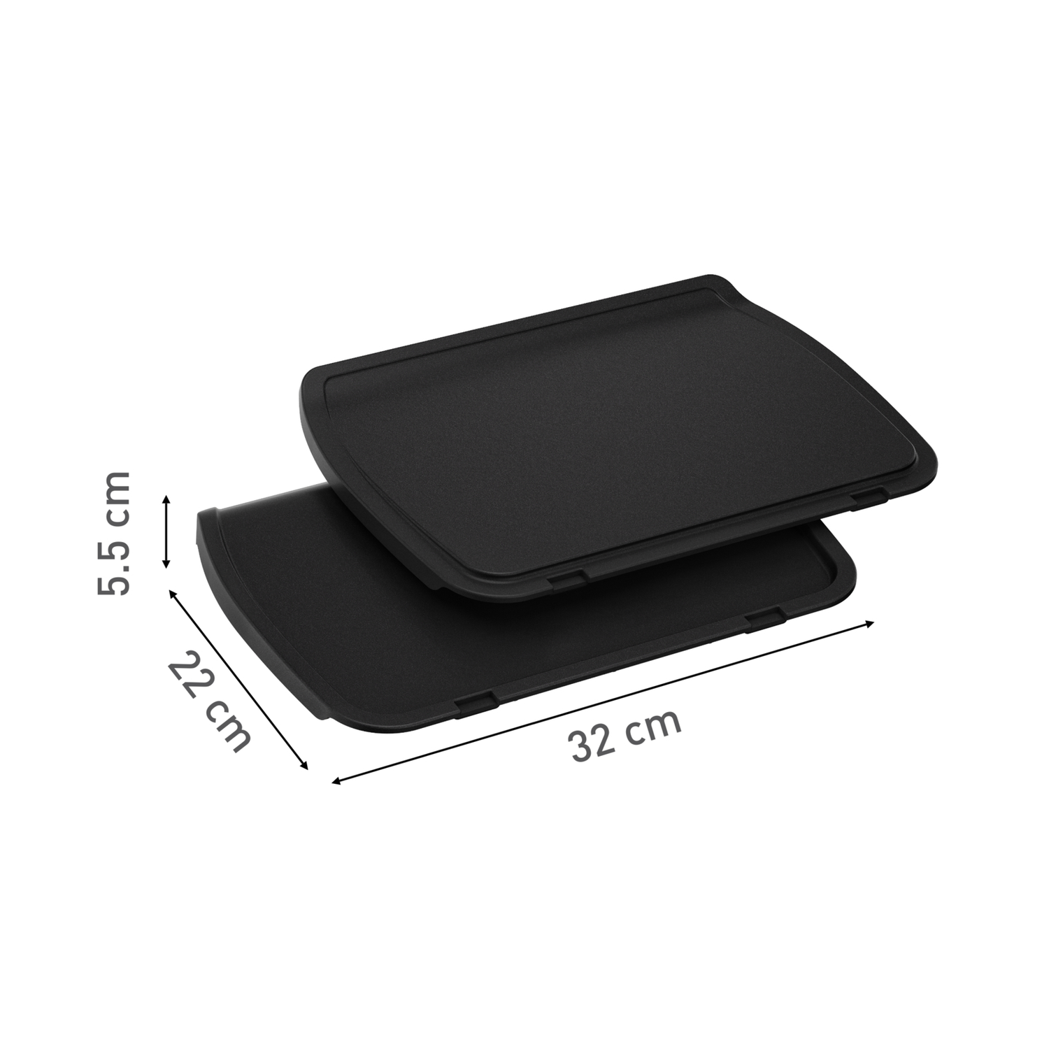 Two black rectangular grill plates. Dimensions: 32cm long, 22cm wide, and 5.5cm high.