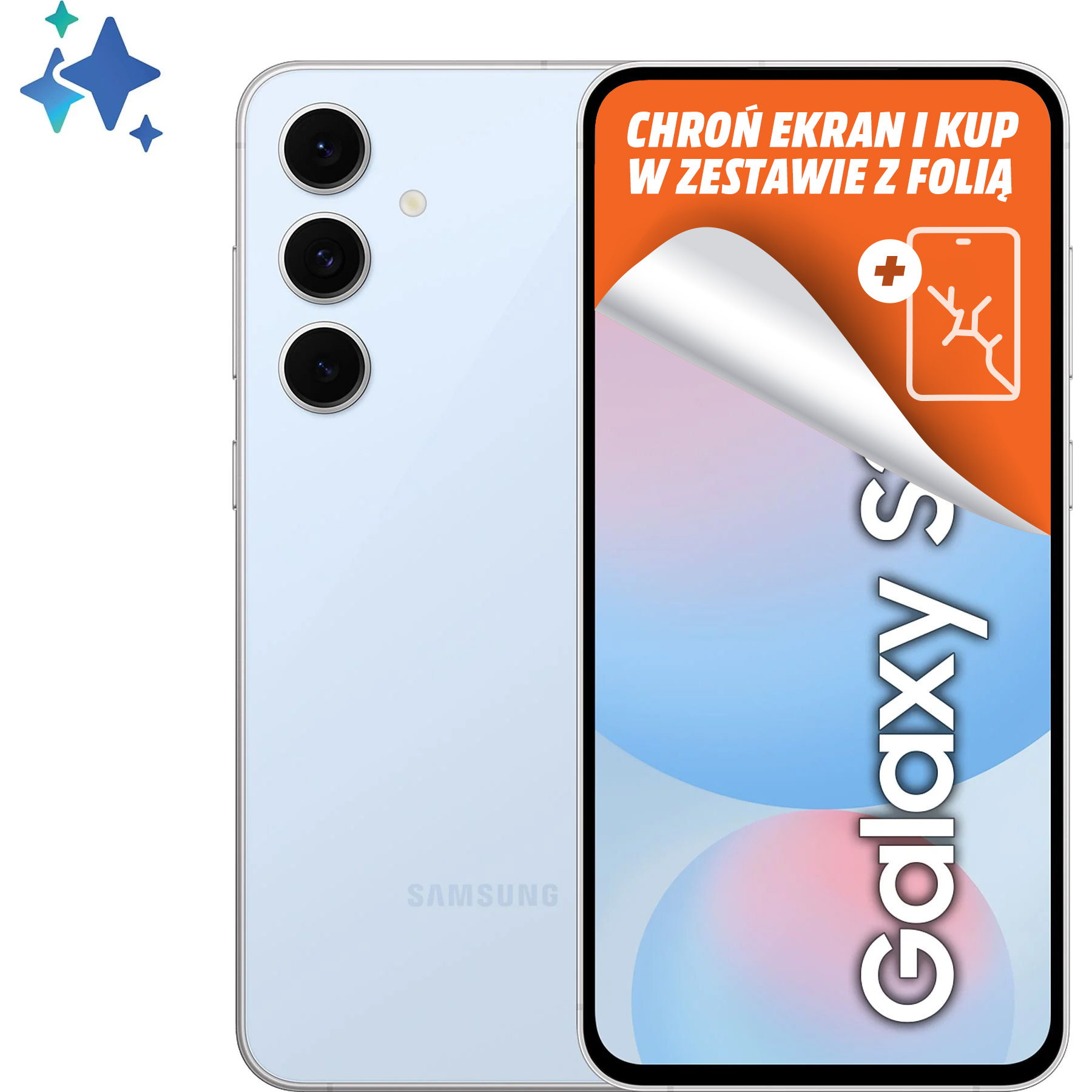 Jasnoniebieski telefon Samsung Galaxy z folią ochronną. Trzy tylne aparaty. Polski tekst.