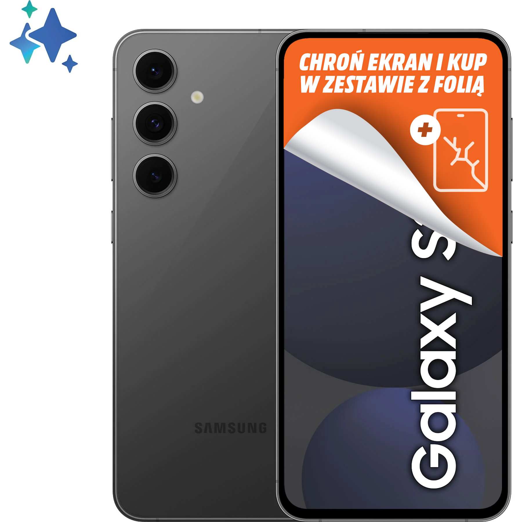 Ciemnoszary telefon Samsung Galaxy S z ochraniaczem ekranu, widok z tyłu, tekst po polsku.