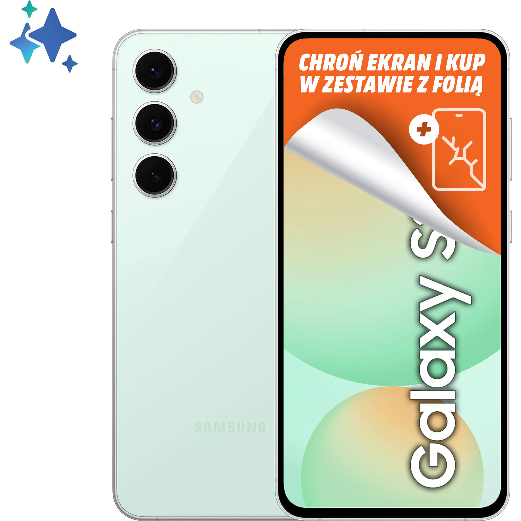Zielony telefon Samsung Galaxy S na białym tle. Na ekranie widoczna jest osłona ekranu z tekstem.