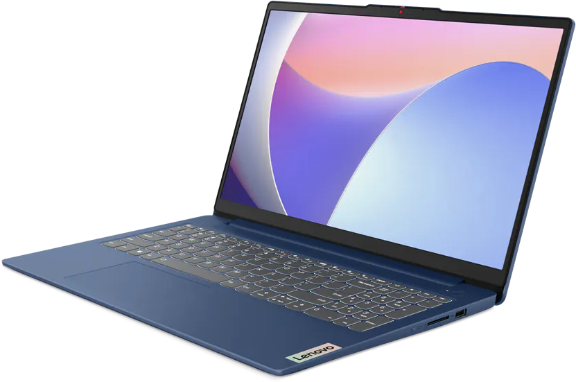 Kék laptop, nyitott képernyővel.