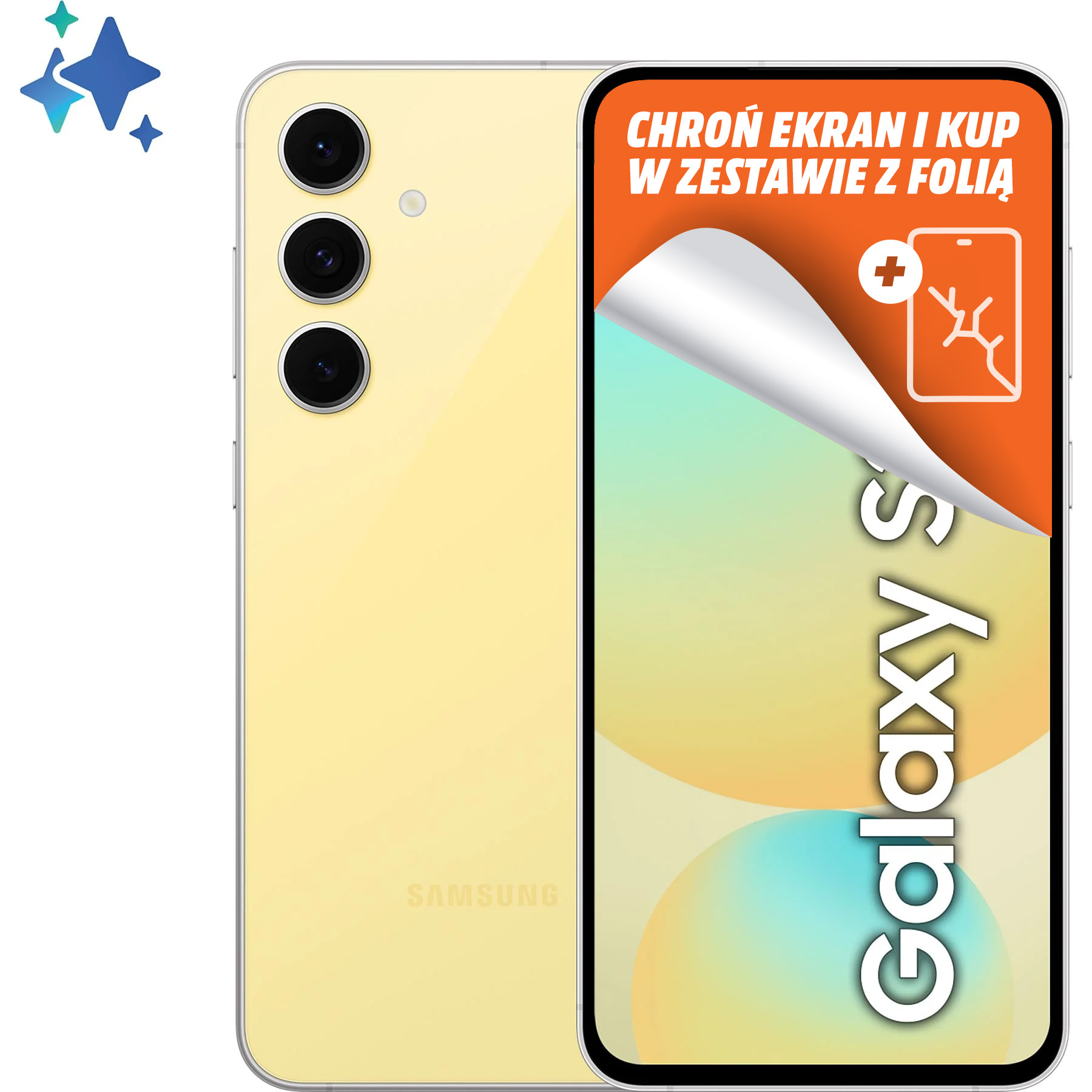 Żółty telefon z osłoną ekranu. Telefon jest w etui. Tło jest białe.