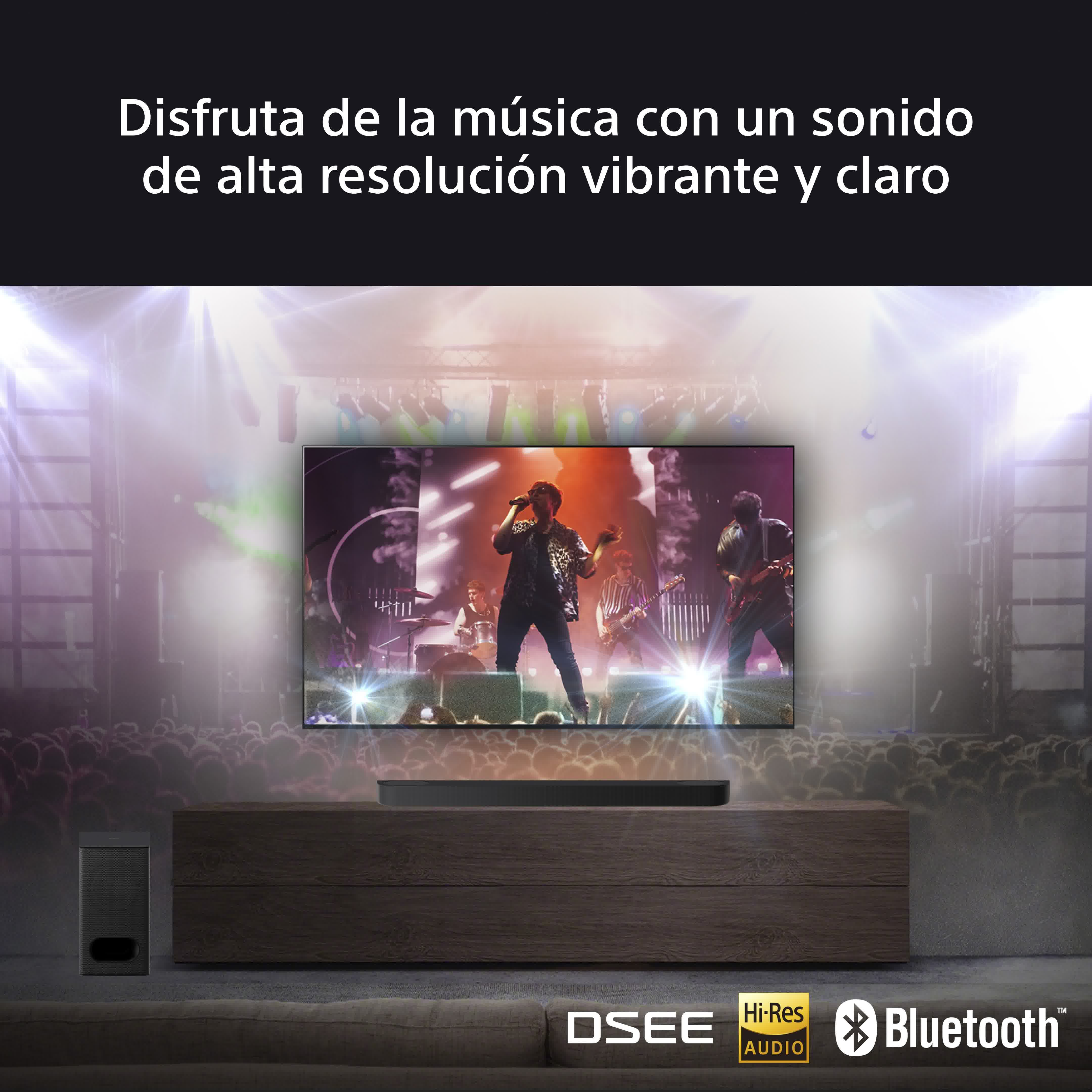 Un televisor muestra una banda en el escenario. Una barra de sonido se encuentra debajo. El texto superior dice: 'Disfruta de la música con sonido de alta resolución vibrante y claro'.