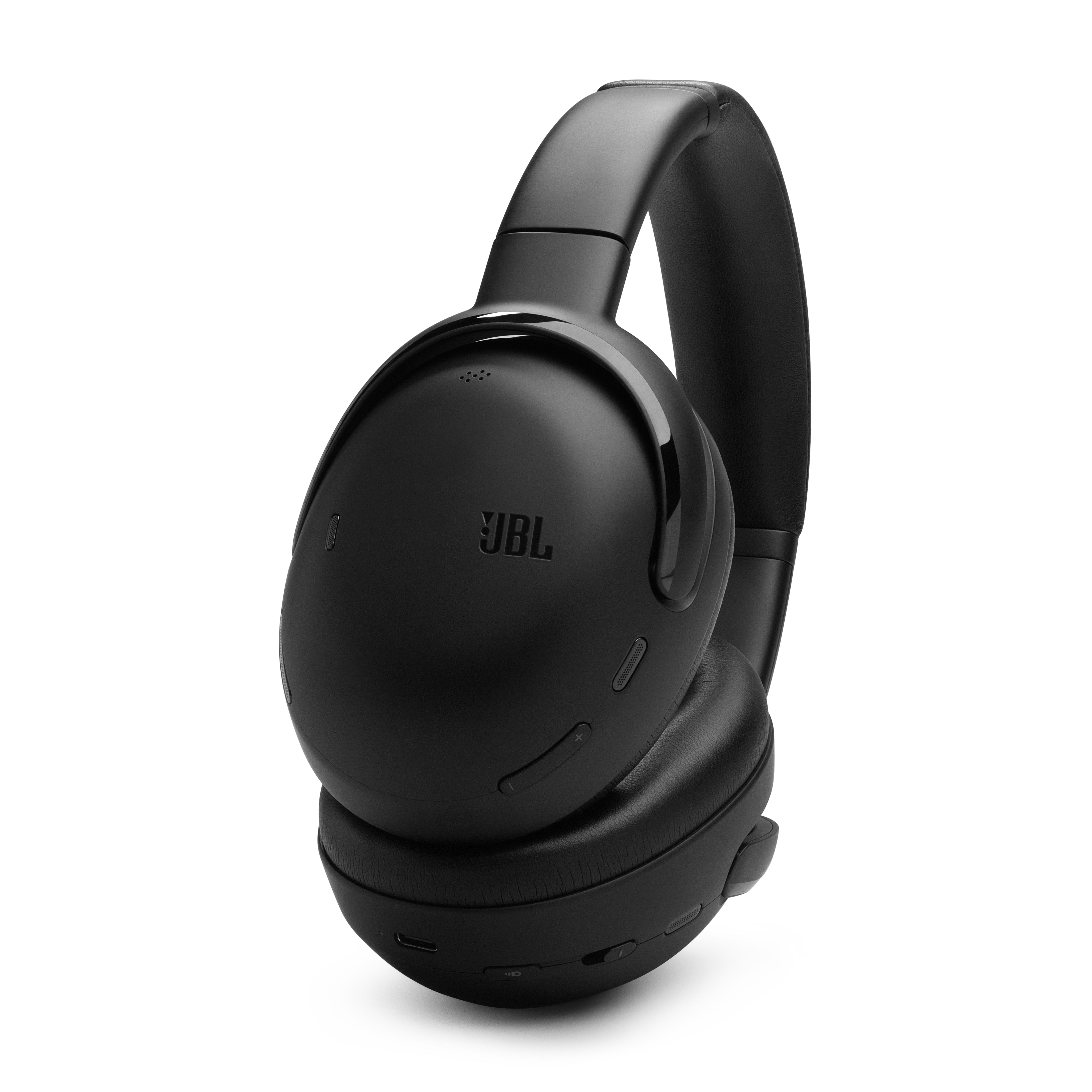 Schwarze JBL Kopfhörer. Die Kopfhörer befinden sich auf weißem Hintergrund.
