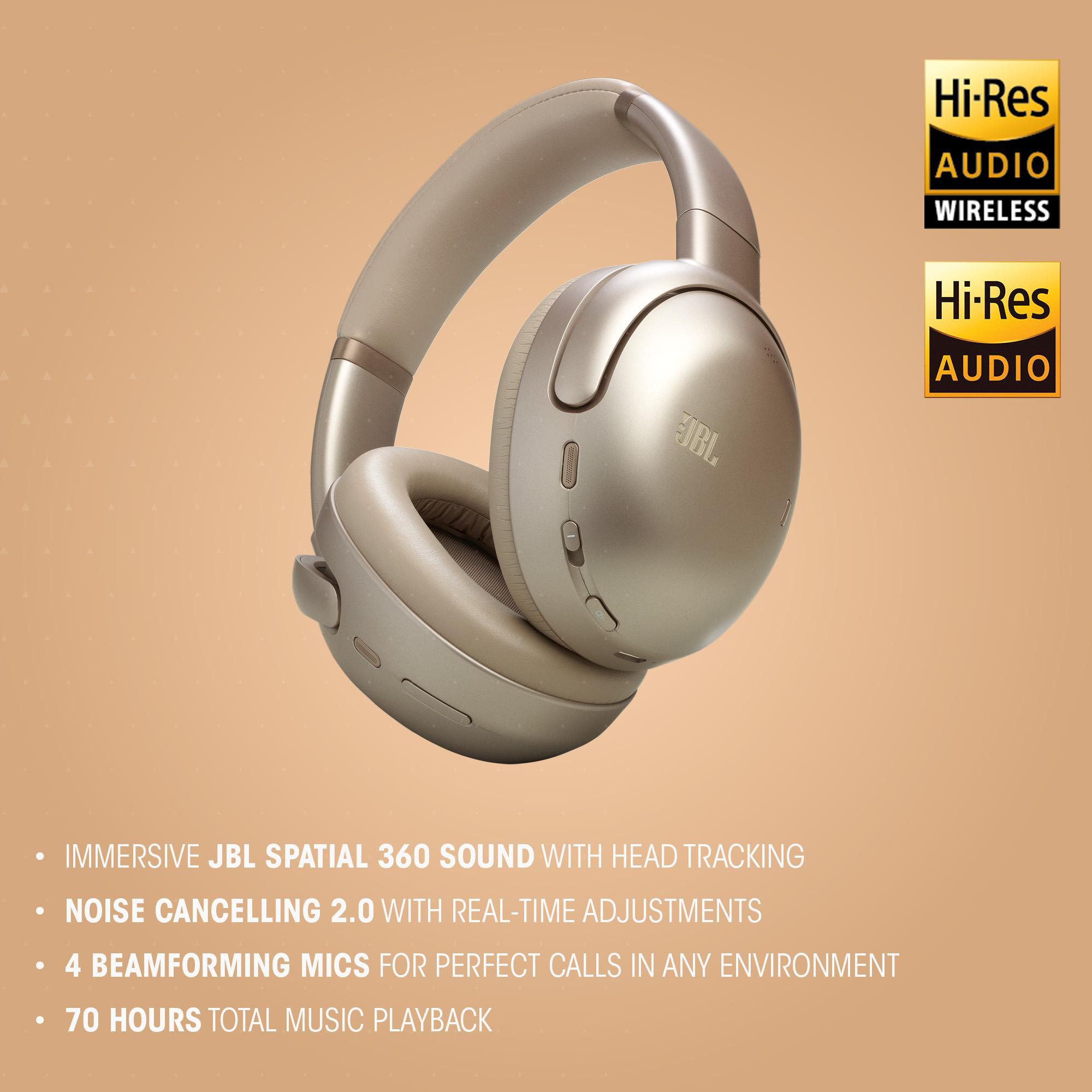 Goldene Kopfhörer mit Hi-Res Audio Wireless und Hi-Res Audio Logos.