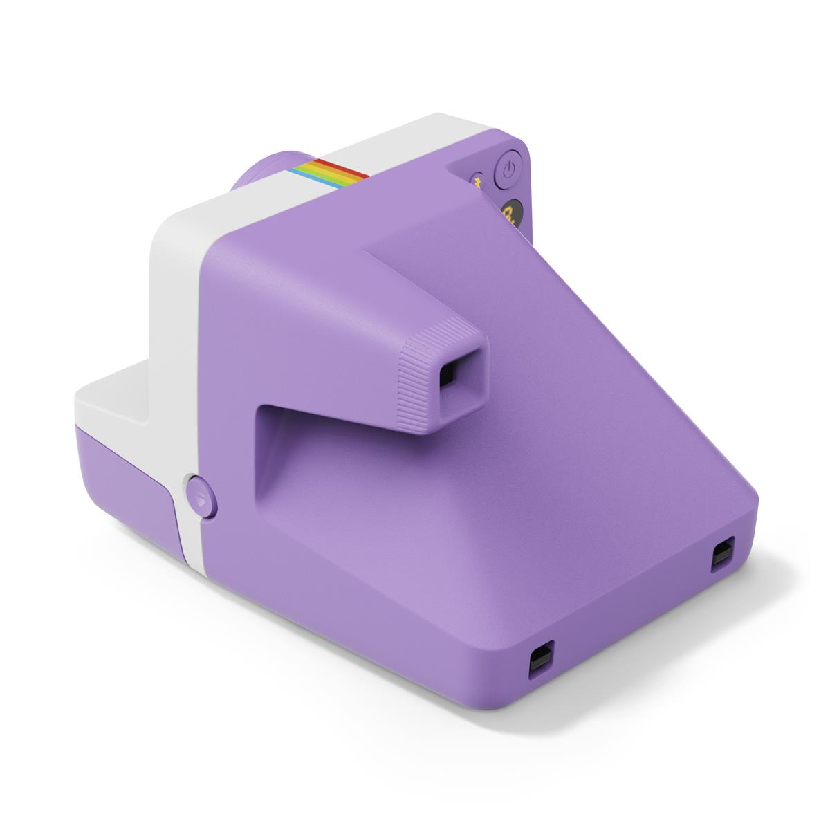 Una cámara Polaroid morada con una franja de arcoíris y detalles blancos.