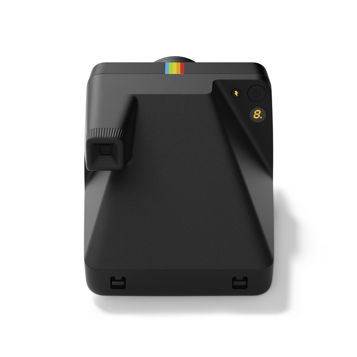 Cámara Polaroid negra, vista superior. La cámara tiene una franja de arcoíris y un botón de encendido.