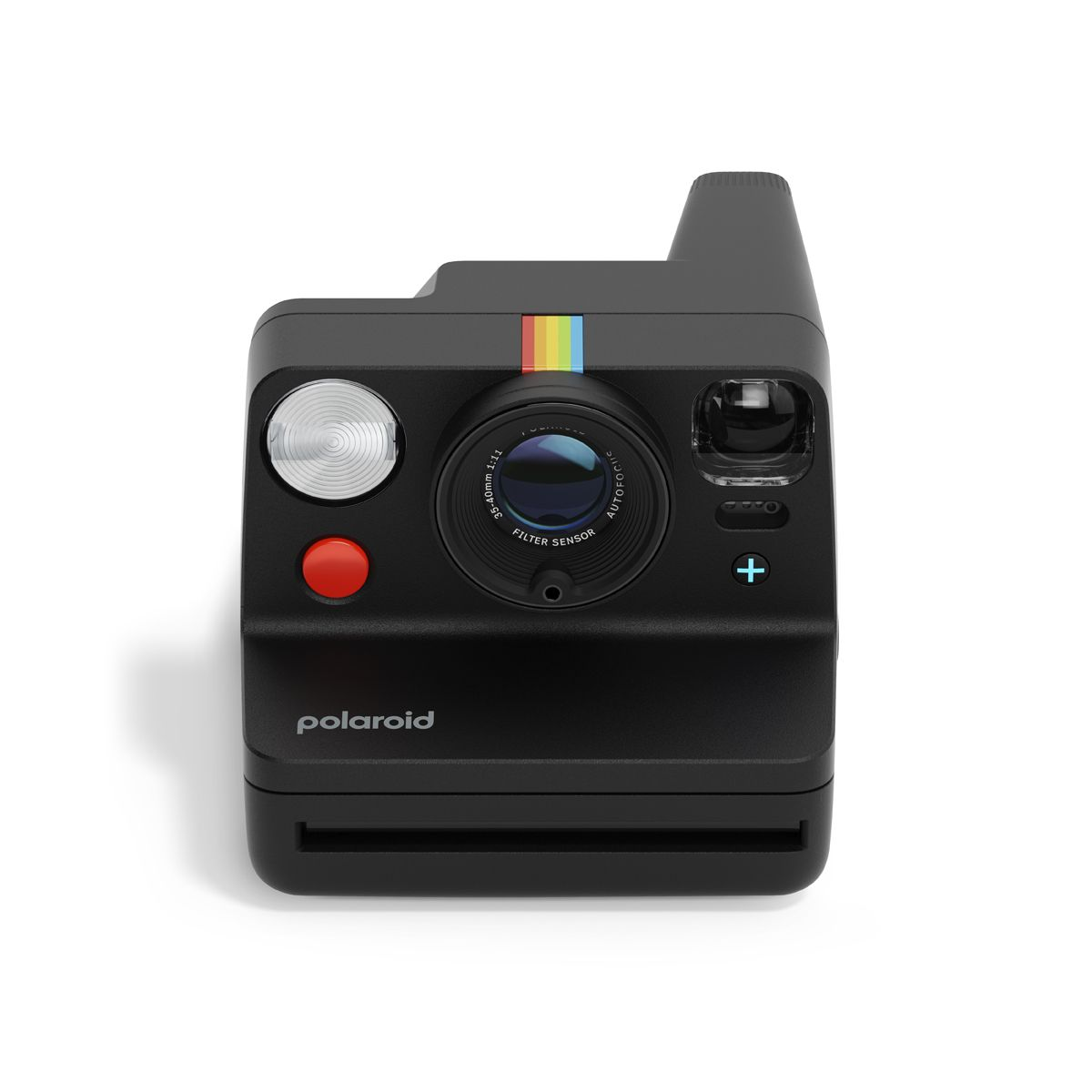Una cámara instantánea Polaroid Now negra con una franja de arcoíris y botón rojo.