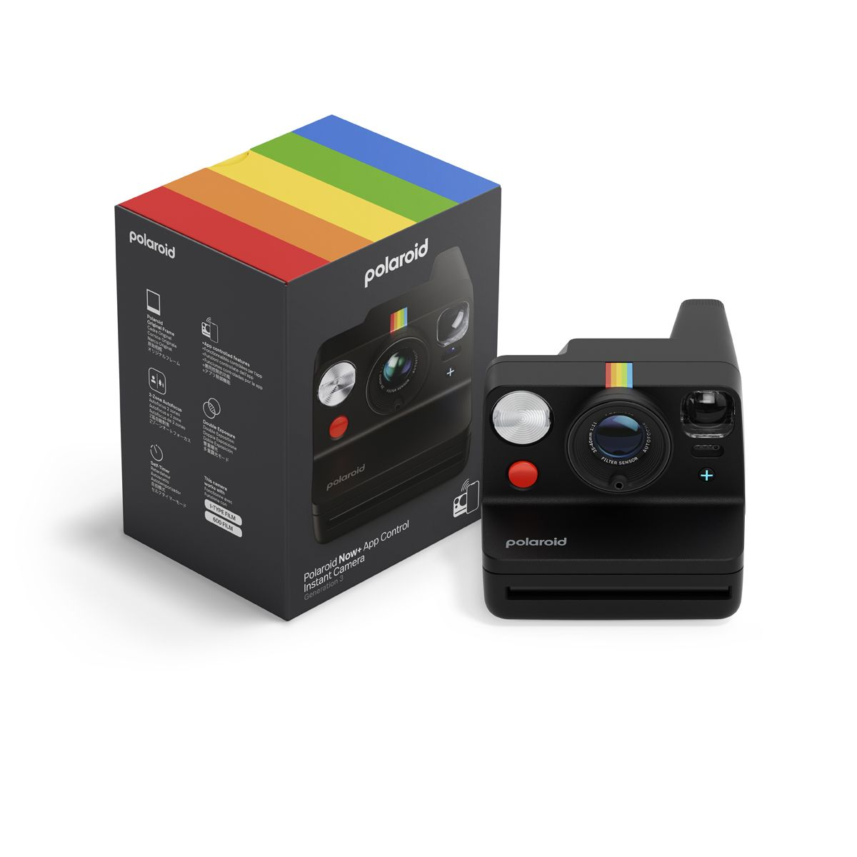Una cámara instantánea Polaroid negra junto a su caja, con una franja de arcoíris en la cámara.