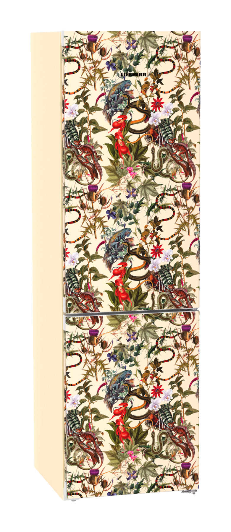Ein weißer Kühlschrank mit floralem Design. Er steht vor einem schwarzen Hintergrund.