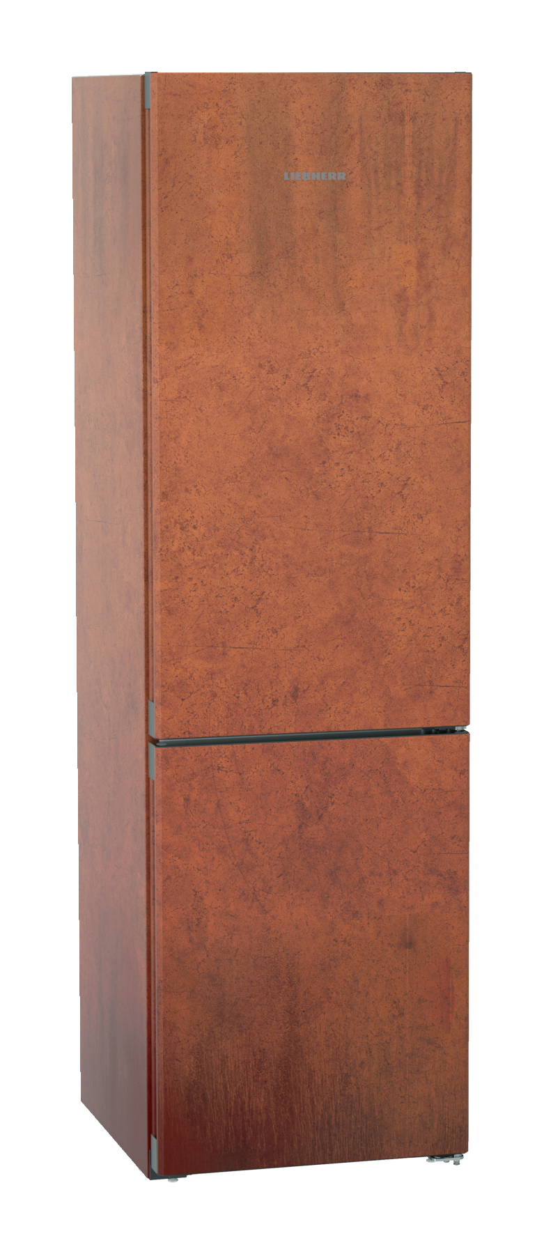 Ein hoher, brauner Kühlschrank mit zwei Türen. Er hat eine Holzmaserung, und der Markenname steht oben.
