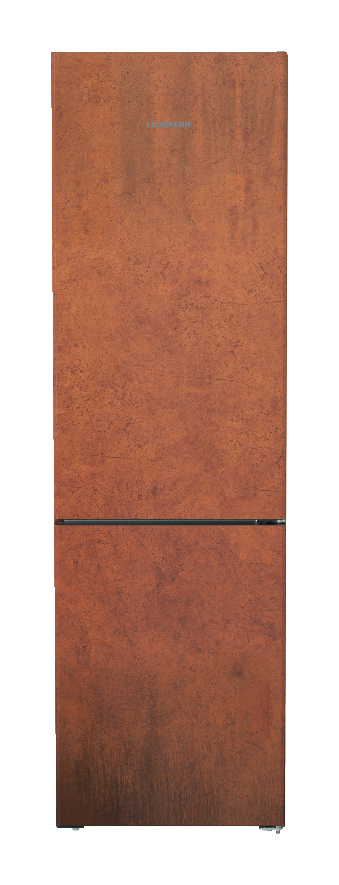 Brauner Kühlschrank mit strukturierter Oberfläche, zwei Türen und Liebherr-Logo oben.