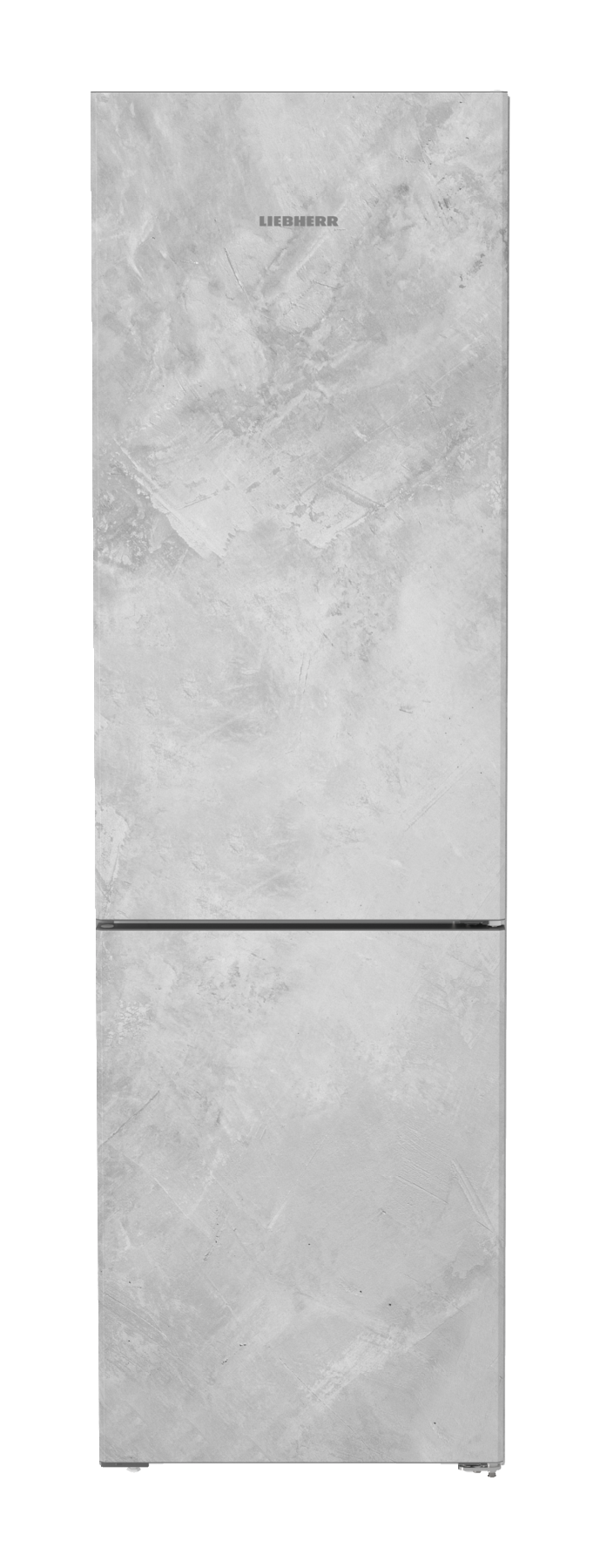 Ein weißer Liebherr-Kühlschrank mit grau strukturierter Betonoptik.