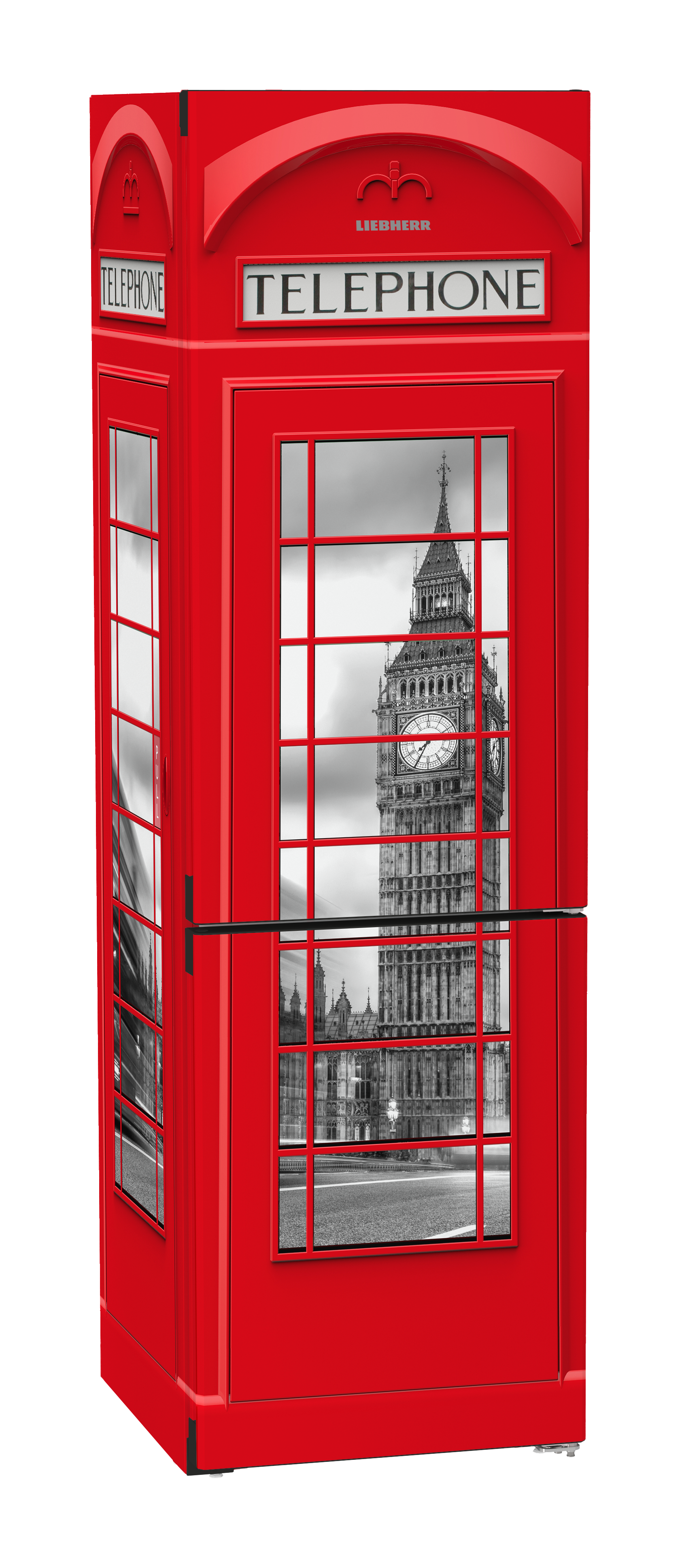 Rote britische Telefonzelle mit schwarzer Tür und Schwarz-Weiß-Szene im Inneren. Big Ben sichtbar.