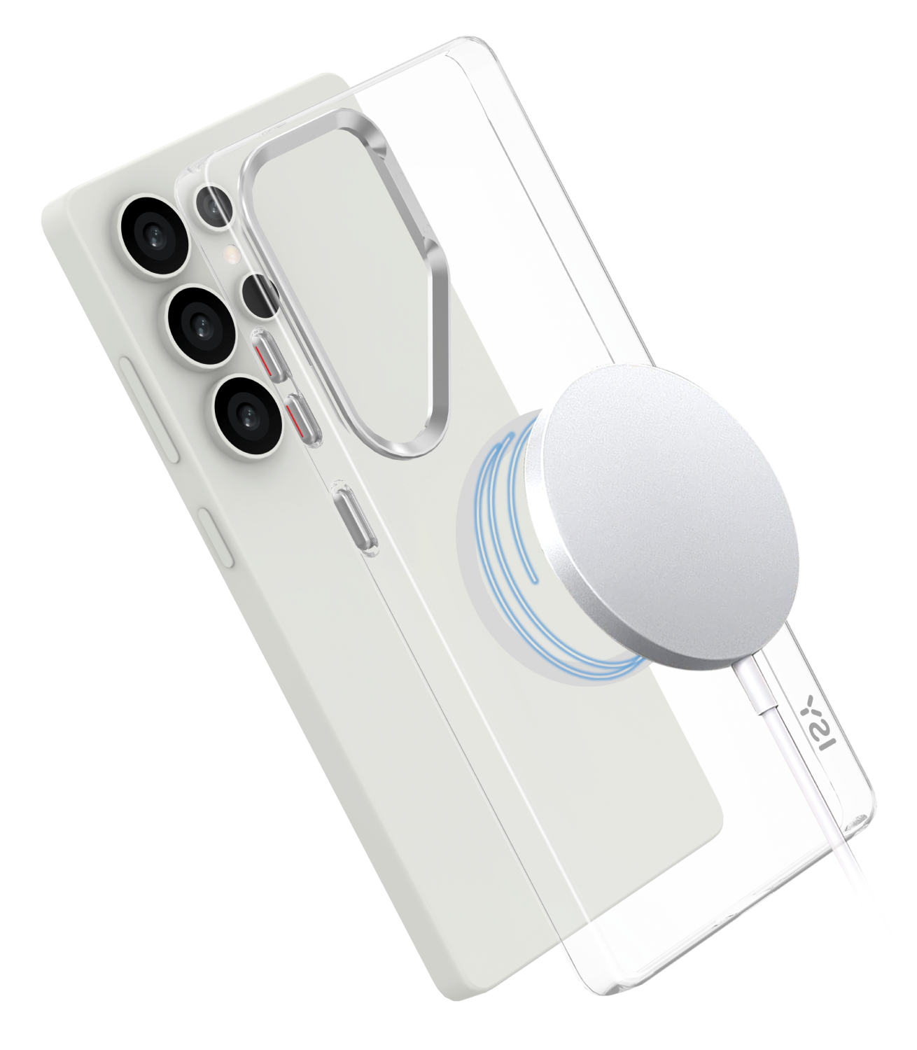 Funda transparente para teléfono con teléfono blanco, cargador inalámbrico conectado, sobre fondo negro.