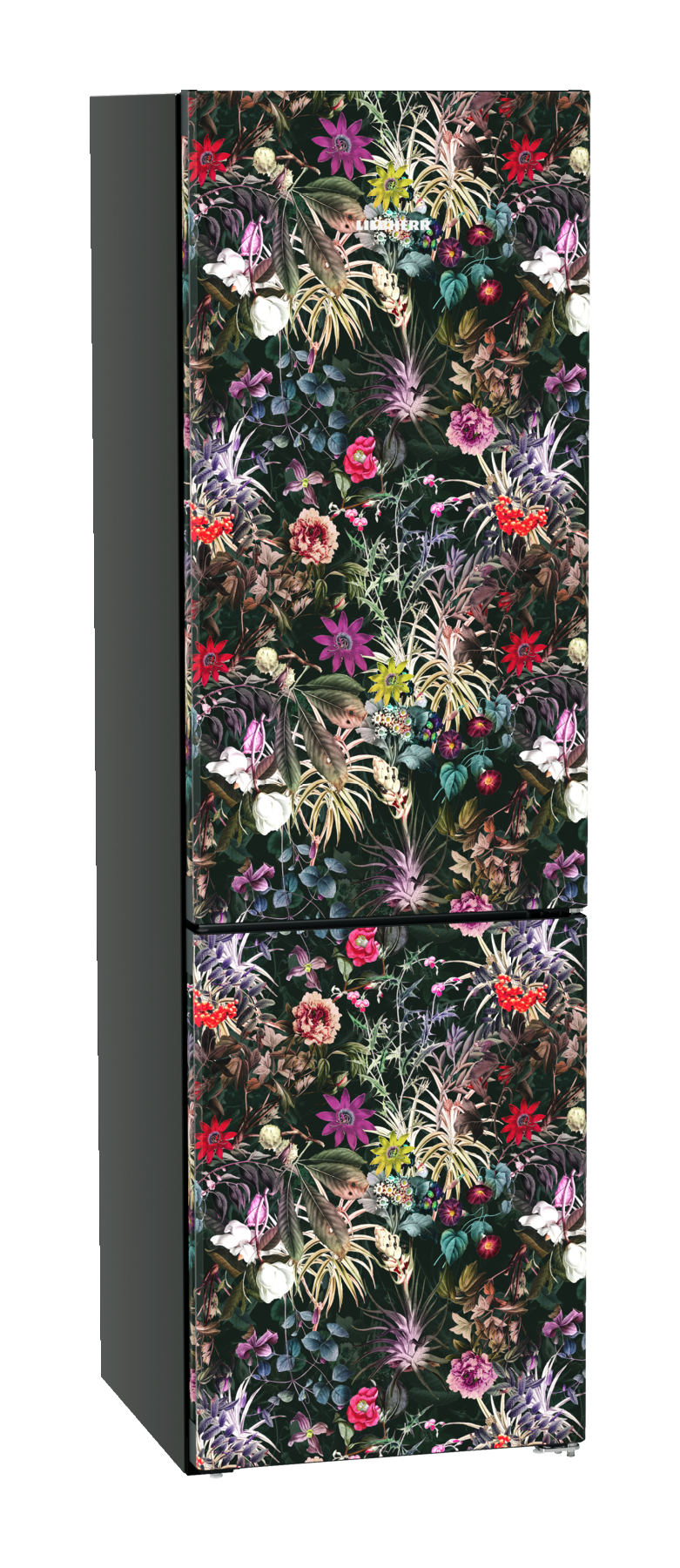 Ein Kühlschrank, bedeckt mit einem dunklen Blumendesign.