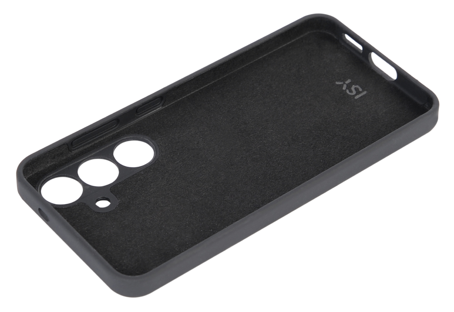 Funda de teléfono negra con orificios para cámara y botones. Es una funda negra lisa.