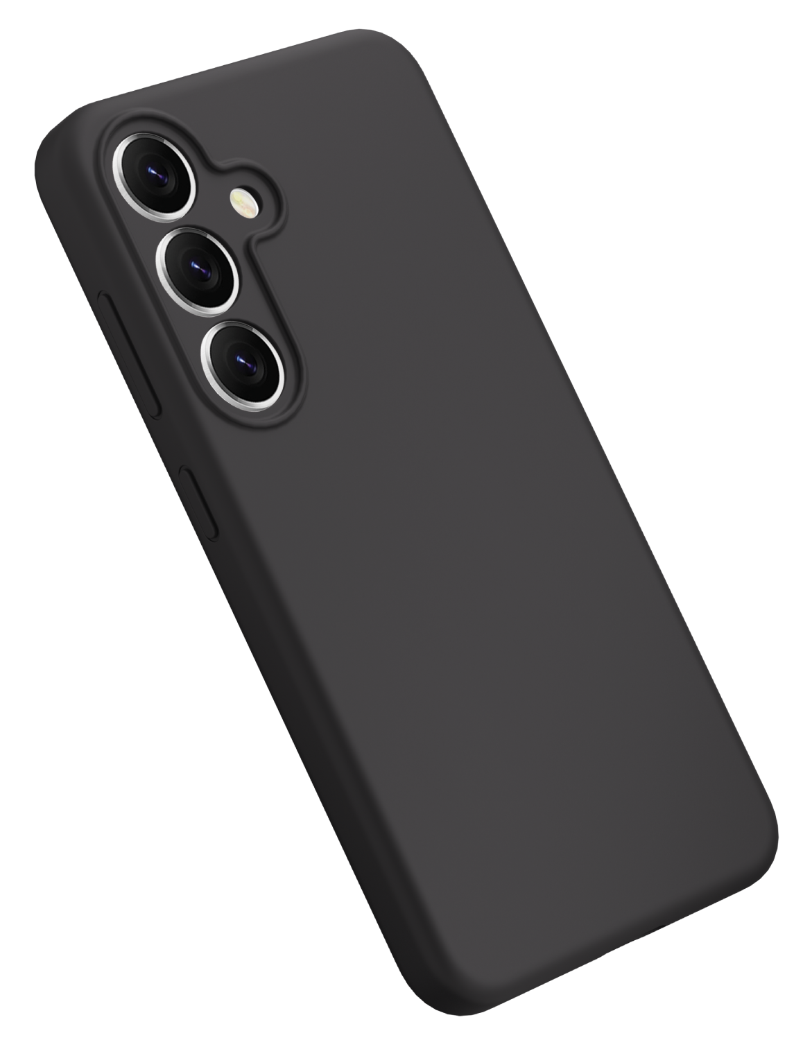 Funda de teléfono negra con tres lentes de cámara.