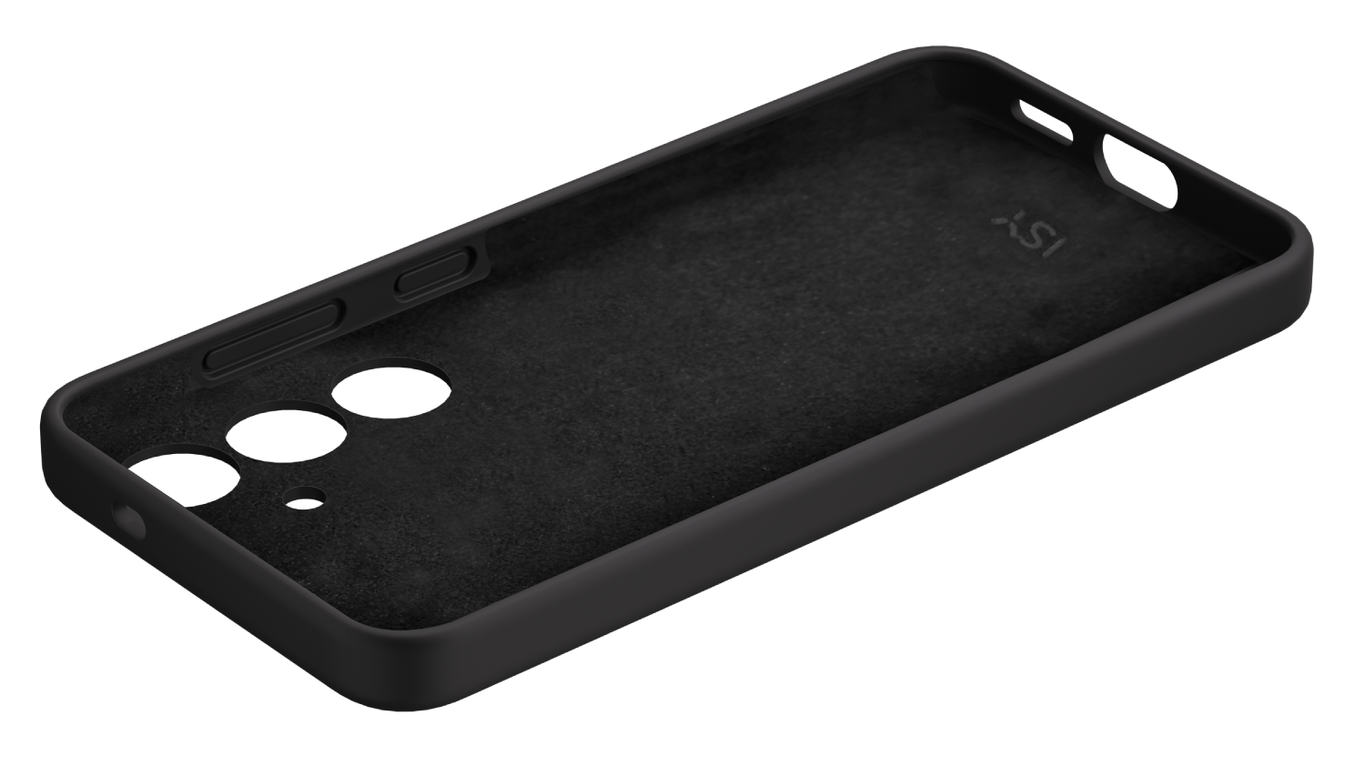 Funda de teléfono negra. Tiene agujeros para la cámara y los botones. El interior es oscuro.