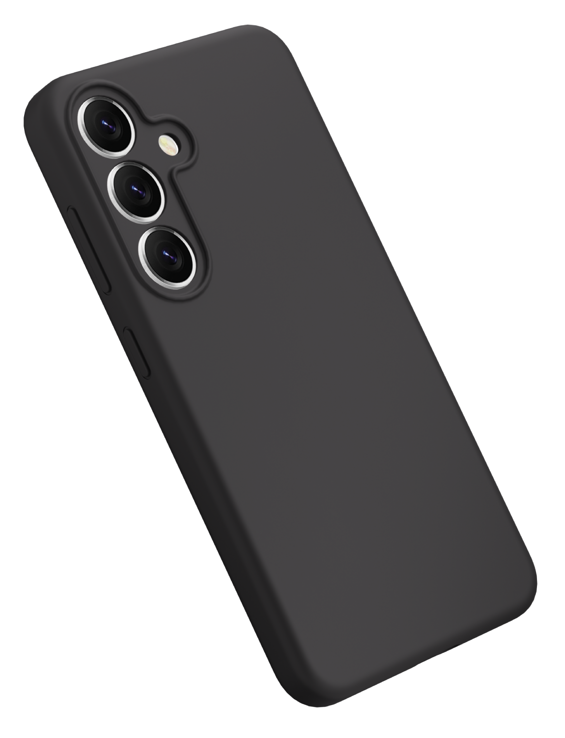 Funda negra para teléfono con tres lentes de cámara, flash y botón lateral.