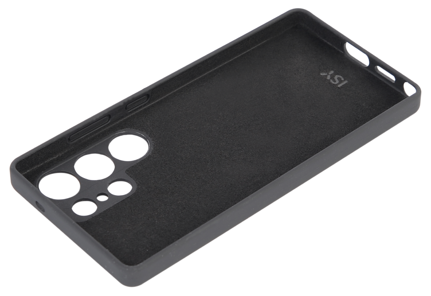 Una funda de teléfono negra, que muestra el interior, con recortes para la cámara y los botones.