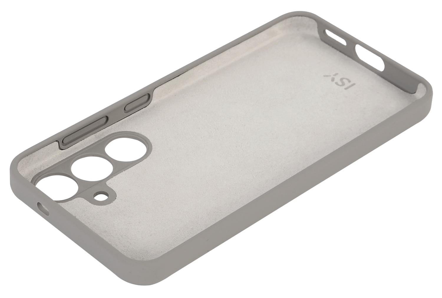 Funda transparente para teléfono, vista en ángulo, fondo blanco.