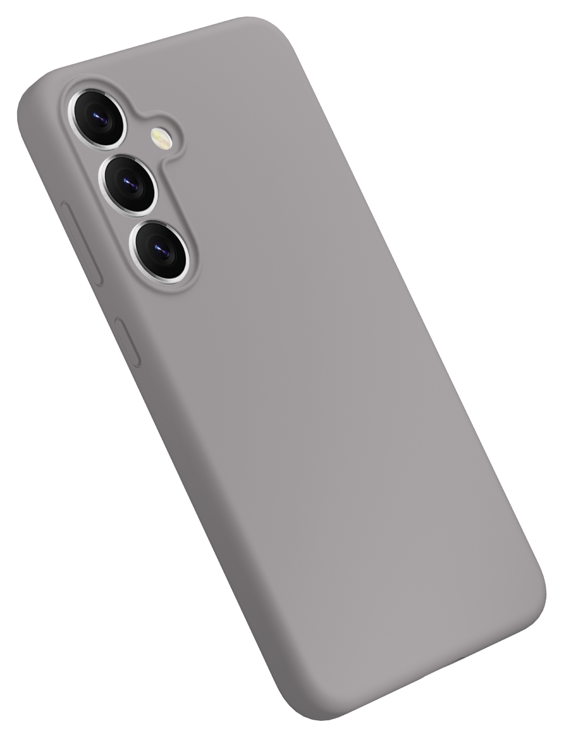 Una funda de teléfono gris con tres lentes de cámara. El teléfono está en ángulo.