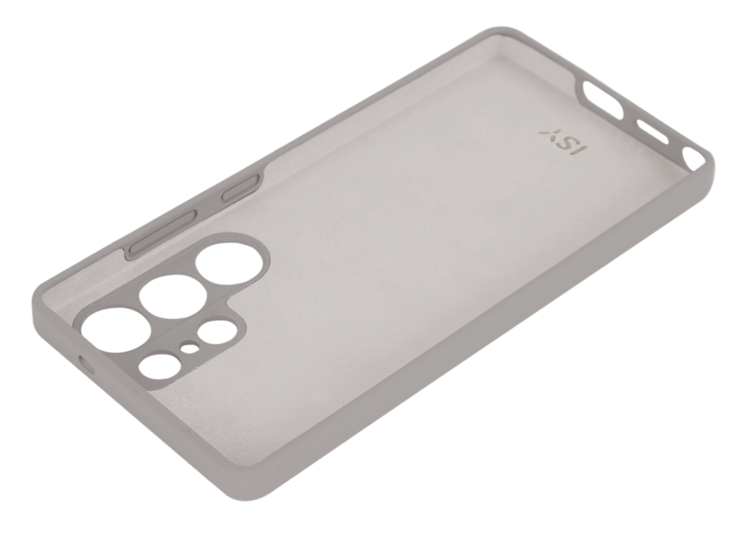 Funda de teléfono gris, mostrando la parte trasera de un teléfono con recortes de cámara y un logotipo.