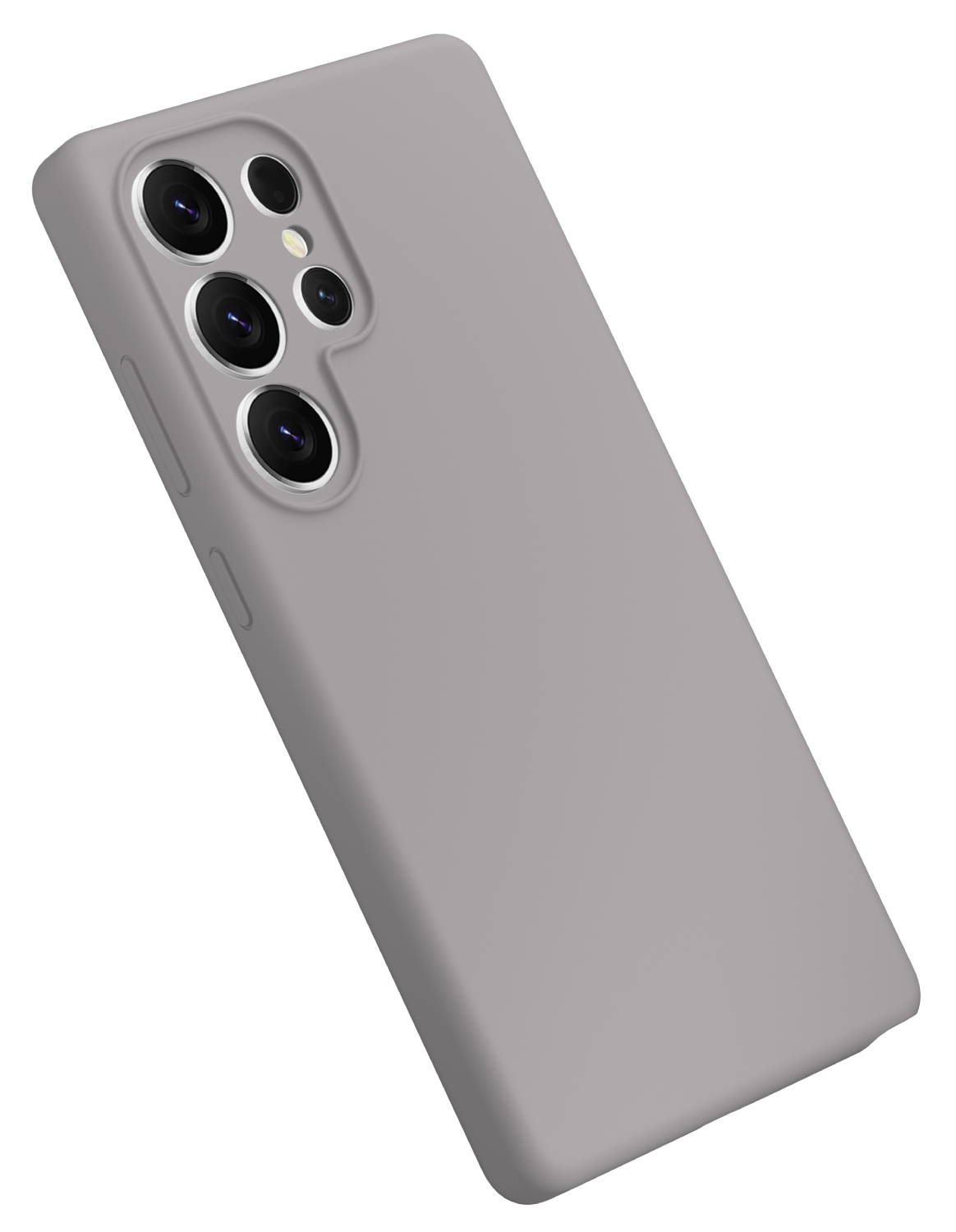 Una funda gris para teléfono con lentes de cámara sobre fondo negro.
