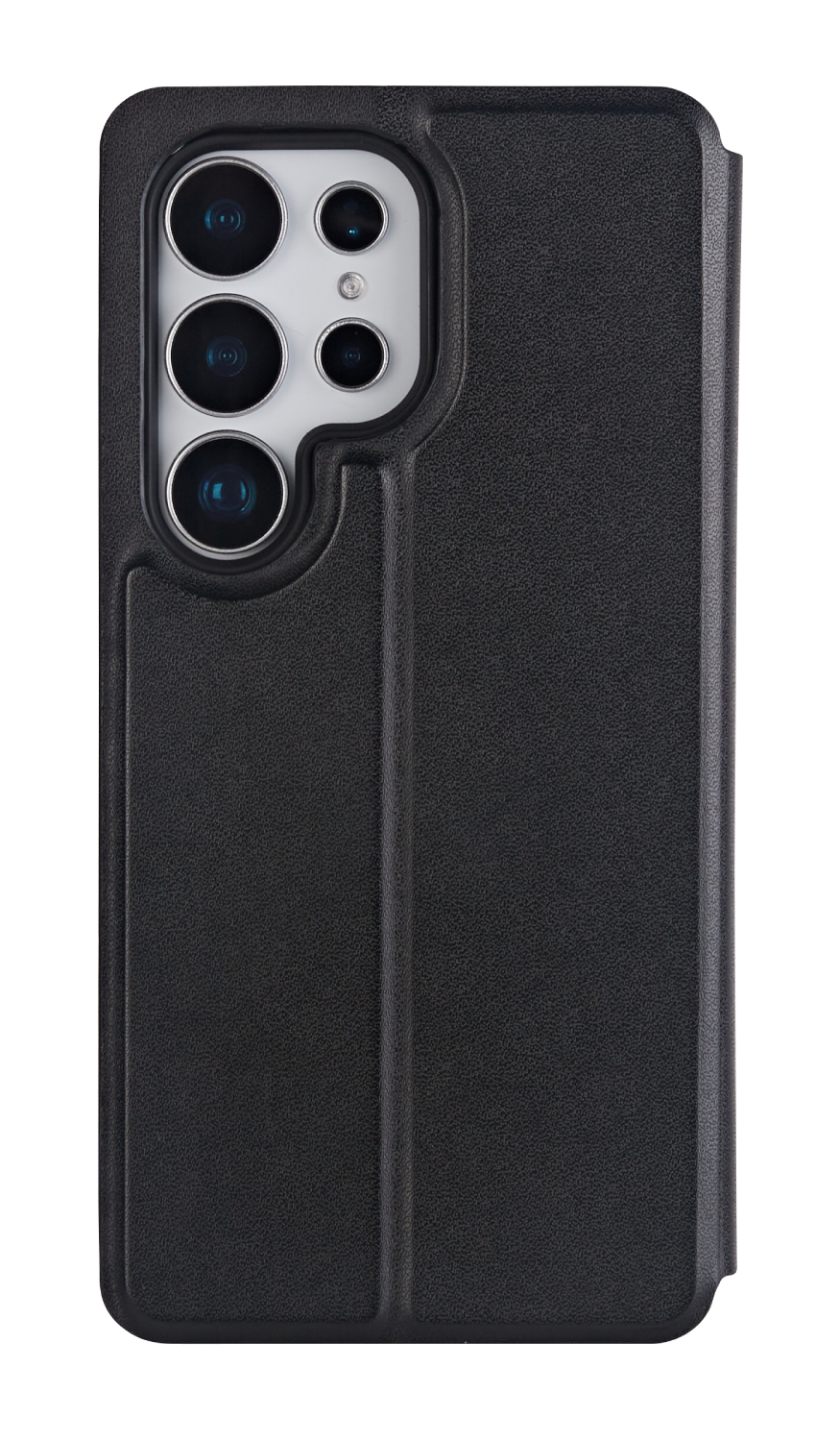 Funda de teléfono negra. La funda cubre la parte trasera del teléfono. Un módulo de cámara está arriba a la izquierda.