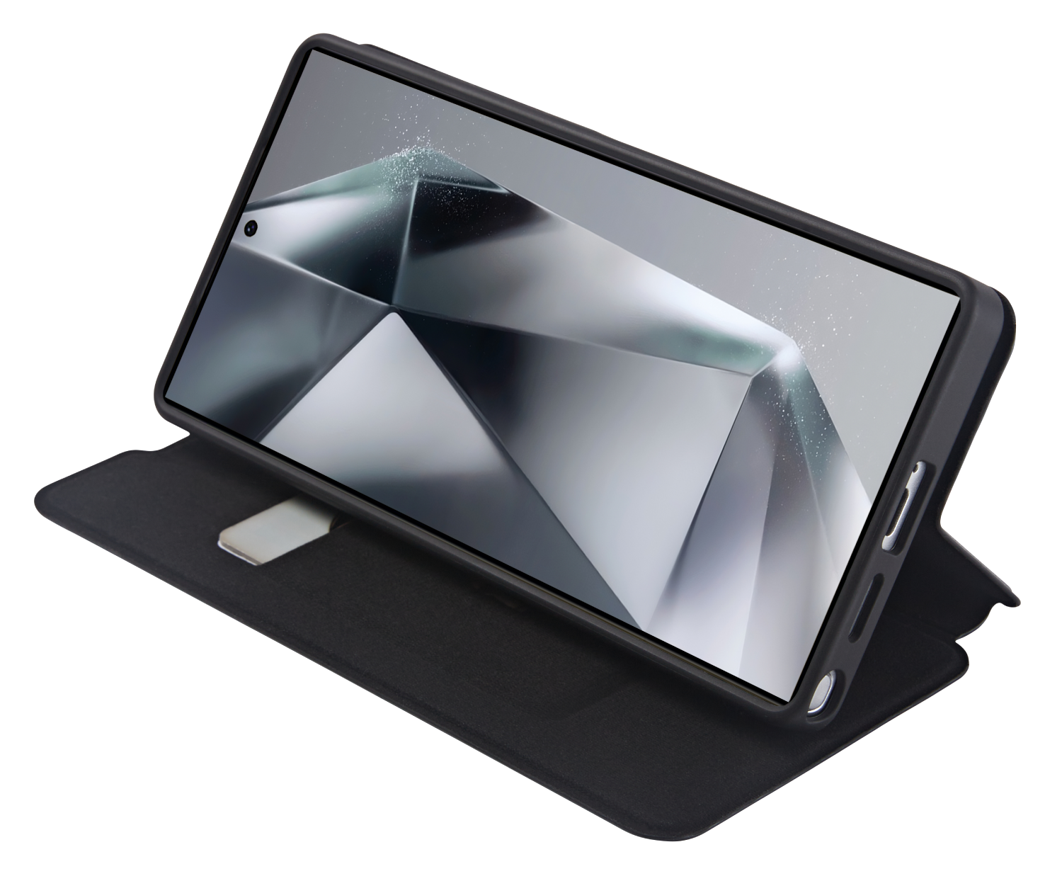 Una tableta en una funda negra, con una pantalla que muestra un diseño abstracto geométrico.