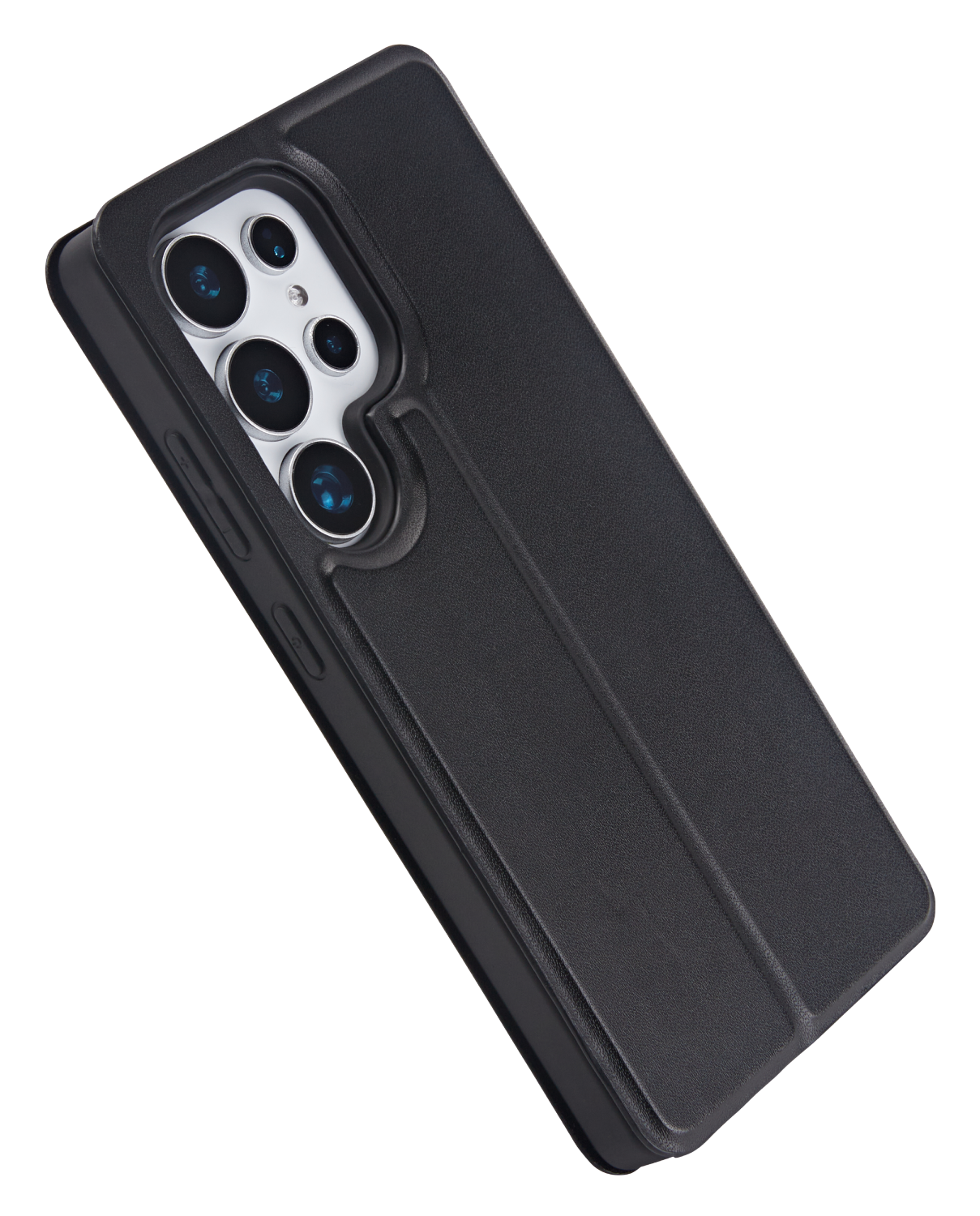 Funda negra para teléfono con el Samsung Galaxy S23 Ultra, sobre un fondo negro.