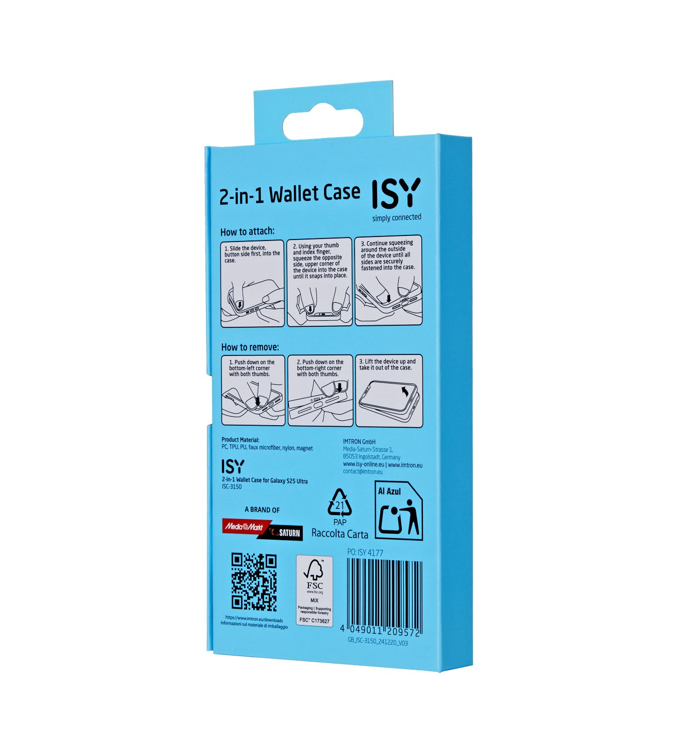 Embalaje azul de funda billetera 2 en 1 con instrucciones e información de la marca.