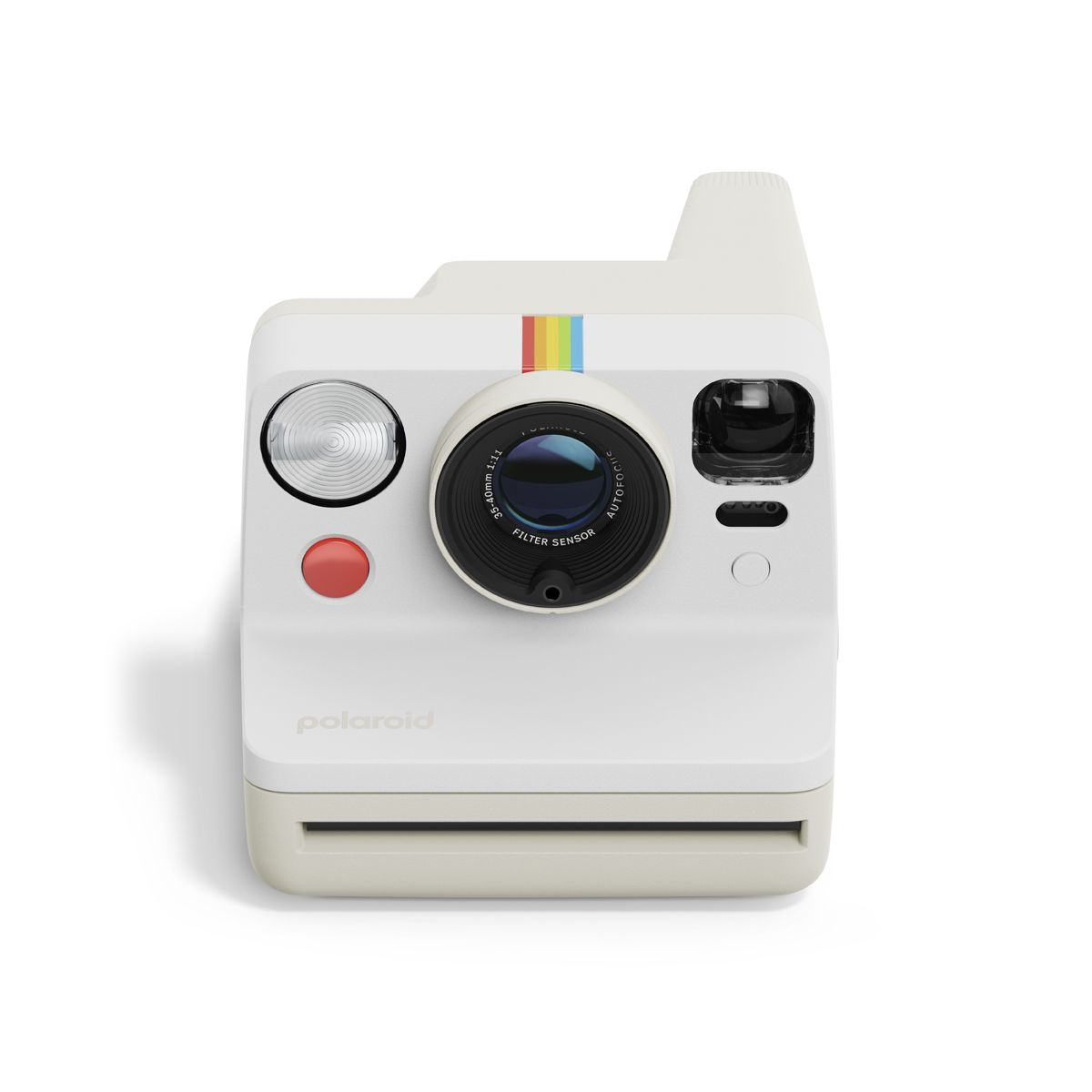 Cámara Polaroid blanca con una franja de arcoíris, botón rojo y lente, fondo blanco.