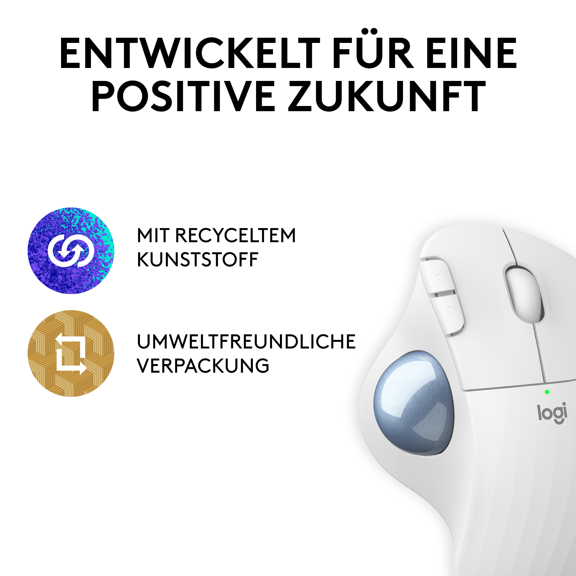 Weiße Maus mit blauem Trackball und Text, auf Deutsch.