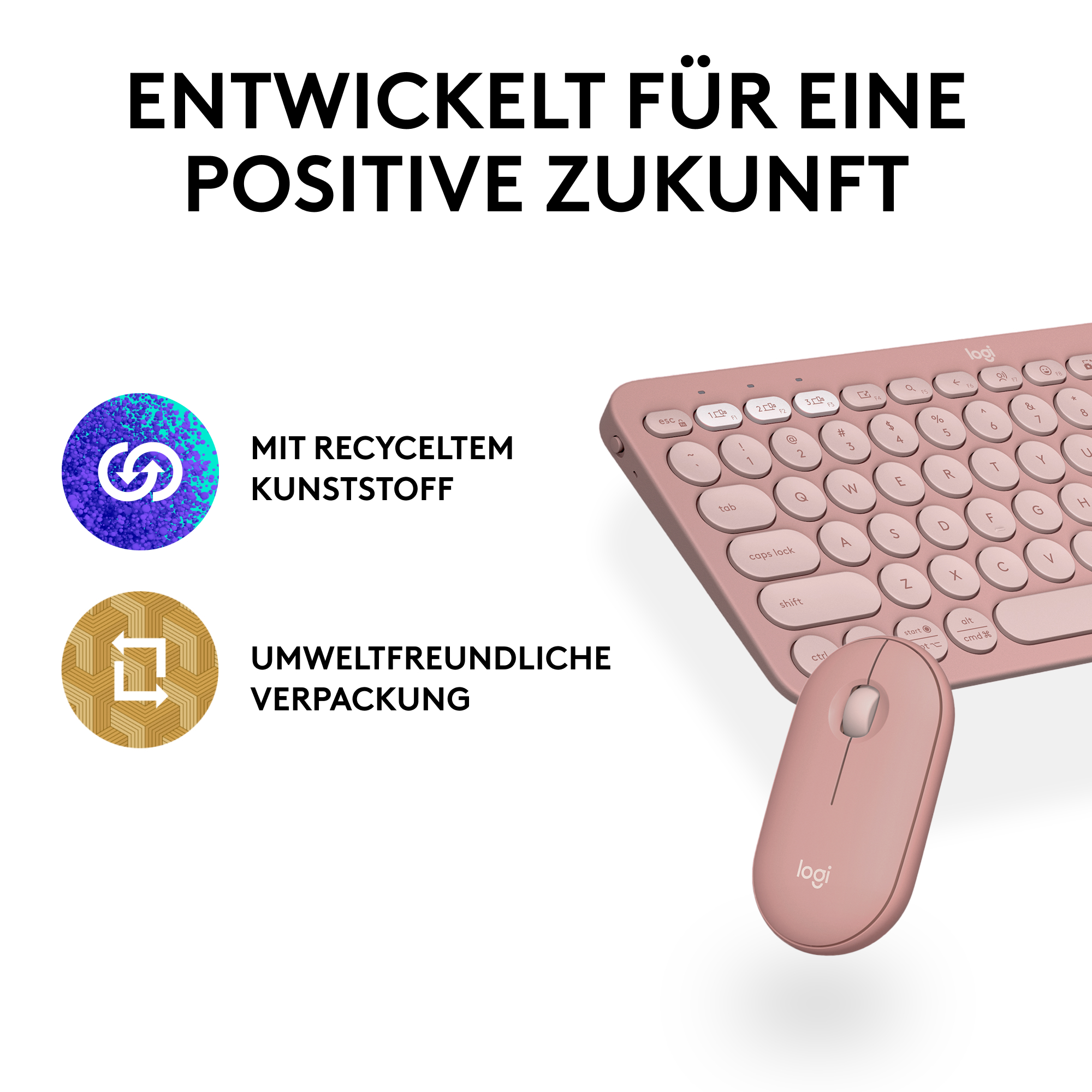 Rosa Maus- und Tastaturset mit deutschem Text, weißer Hintergrund.